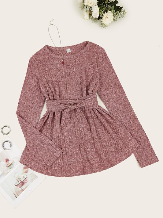 Sixsr Basic Tie Front Ribbed Knit Tee Top, Long Sleeve Solid Crew Neck Top, Casual Every Day Tops, Women's Clothing