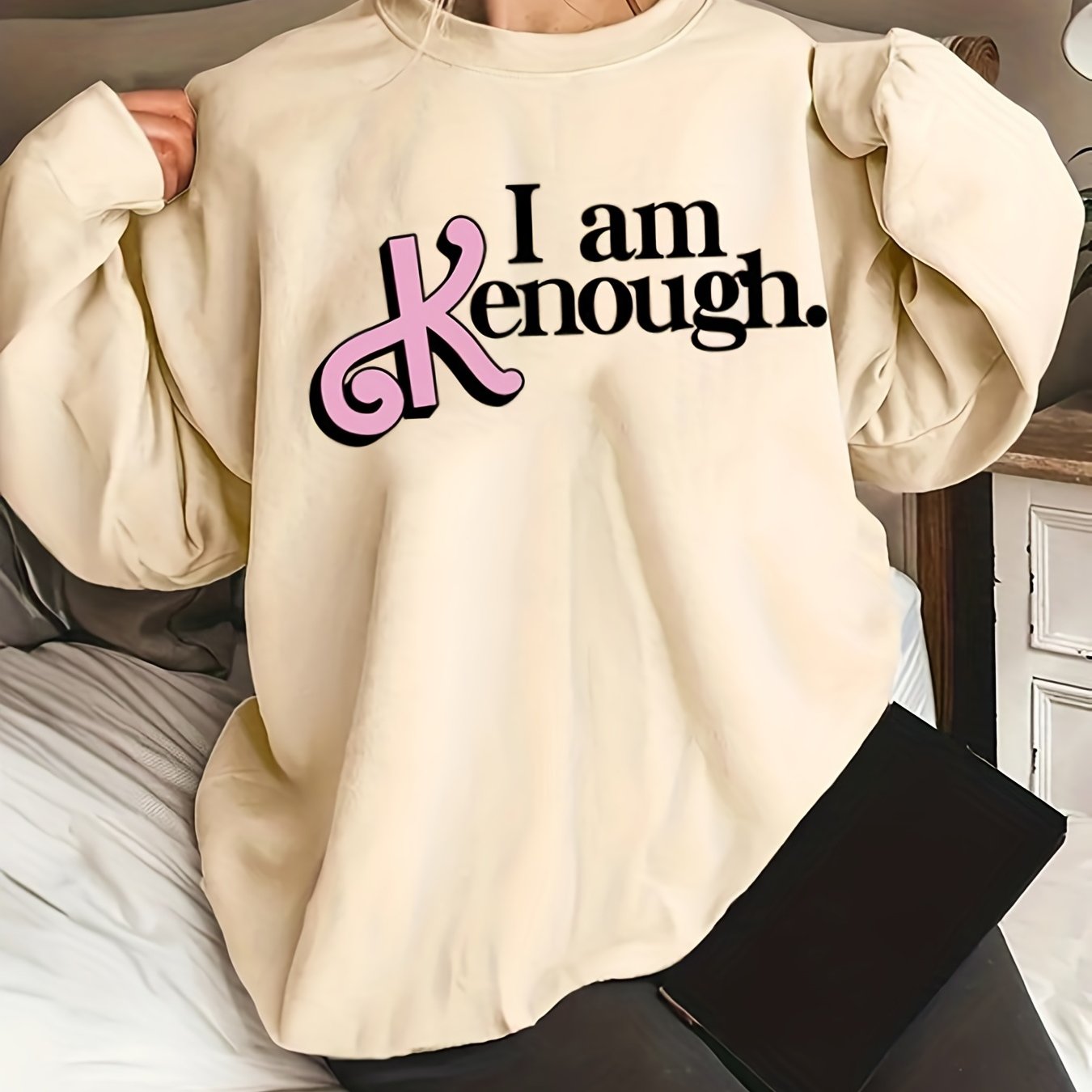 Sixsr Plus Size Halloween Casual Sweatshirt, Women's Plus Slogan Print Long Sleeve Round Neck Sweatshirt