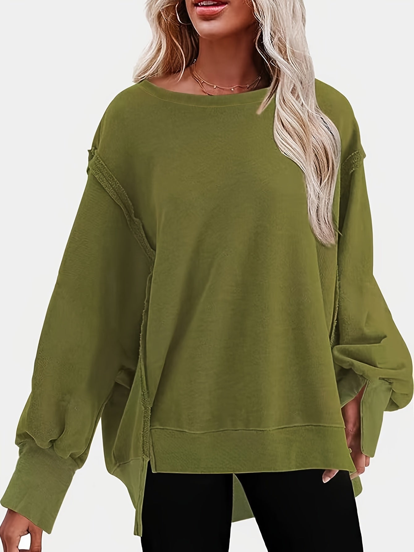 Sixsr Plus Size Casual Sweatshirt, Women's Plus Solid Long Sleeve Round Neck Fleece Split Loose Fit Pullover Top
