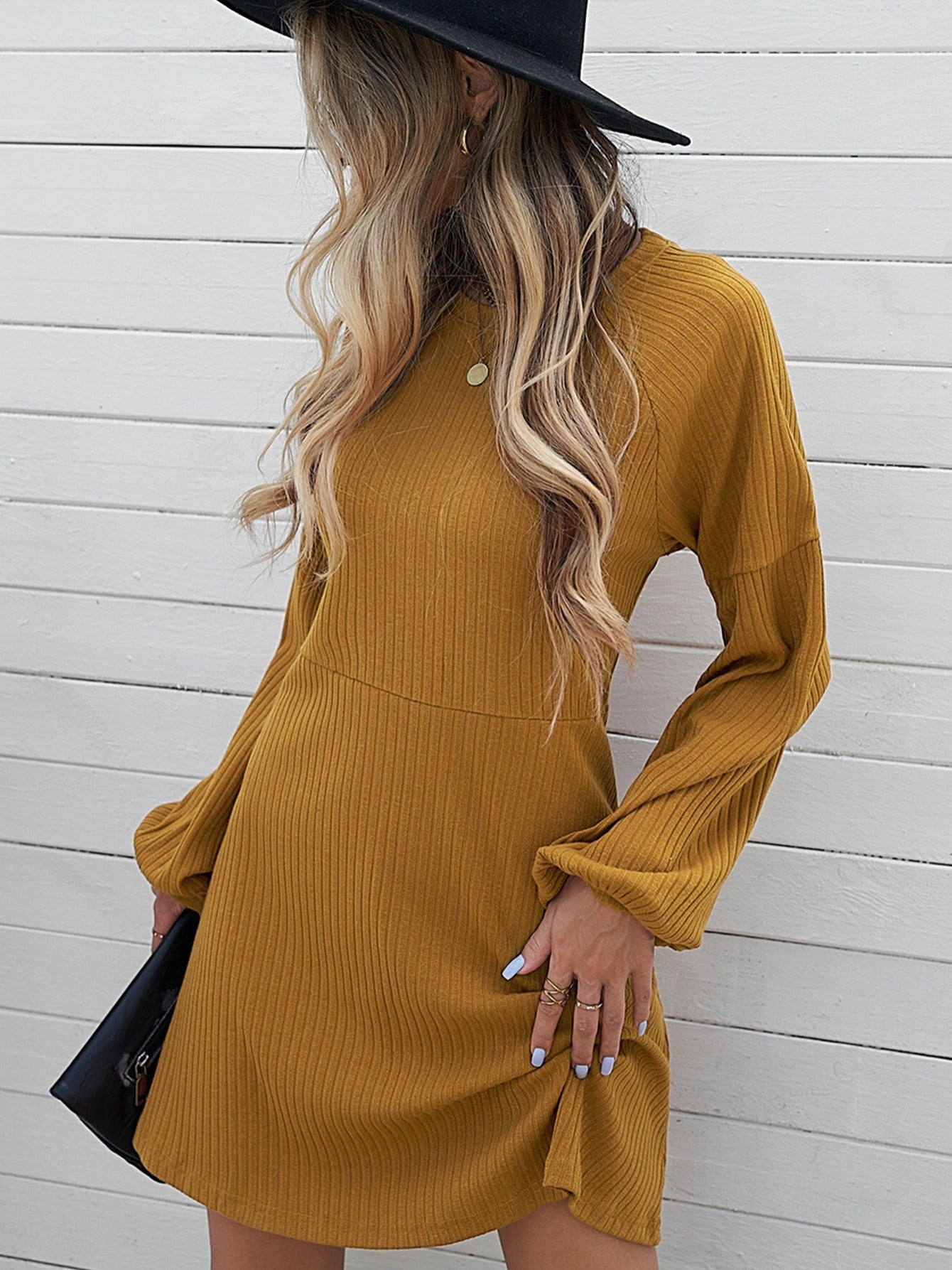 Sixsr Women's Dresses Round Neck Empire Waist Ribbed Knit Dresses