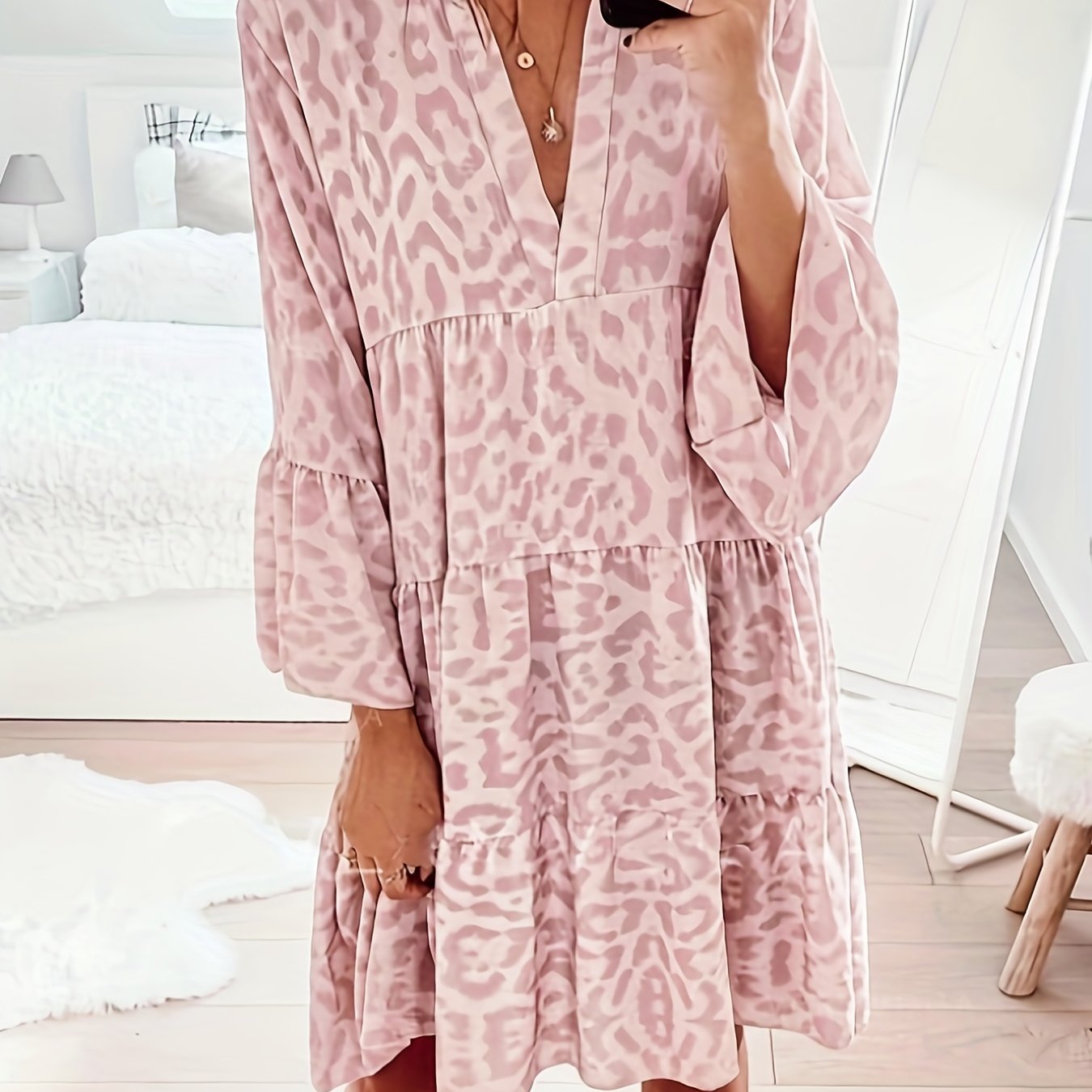 Sixsr Leopard Print Ruffle Hem Dress, Casual V Neck Long Sleeve Dress, Women's Clothing