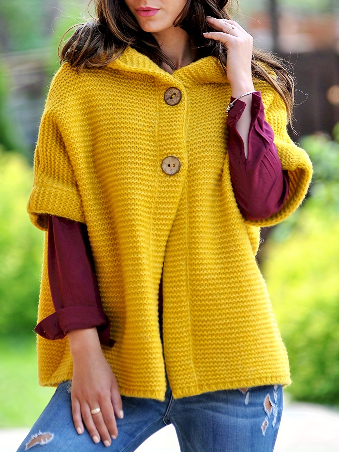 Sixsr Plus Size Casual Sweater, Women's Plus Solid Button Up Short Sleeve Hooded Sweater