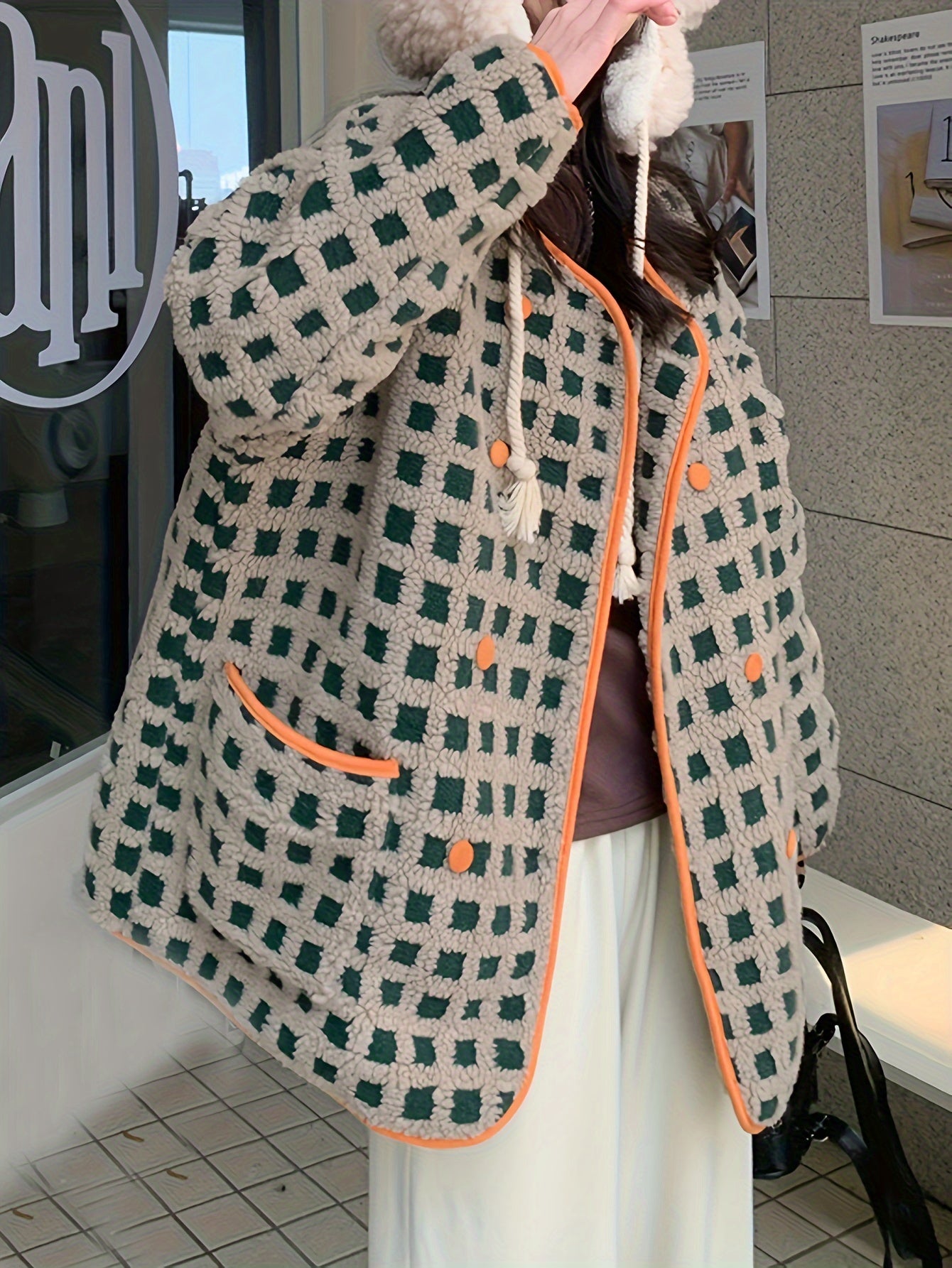 Sixsr Plaid Pattern Double-breasted Coat, Casual Long Sleeve Dual Pocket Warm Outerwear, Women's Clothing