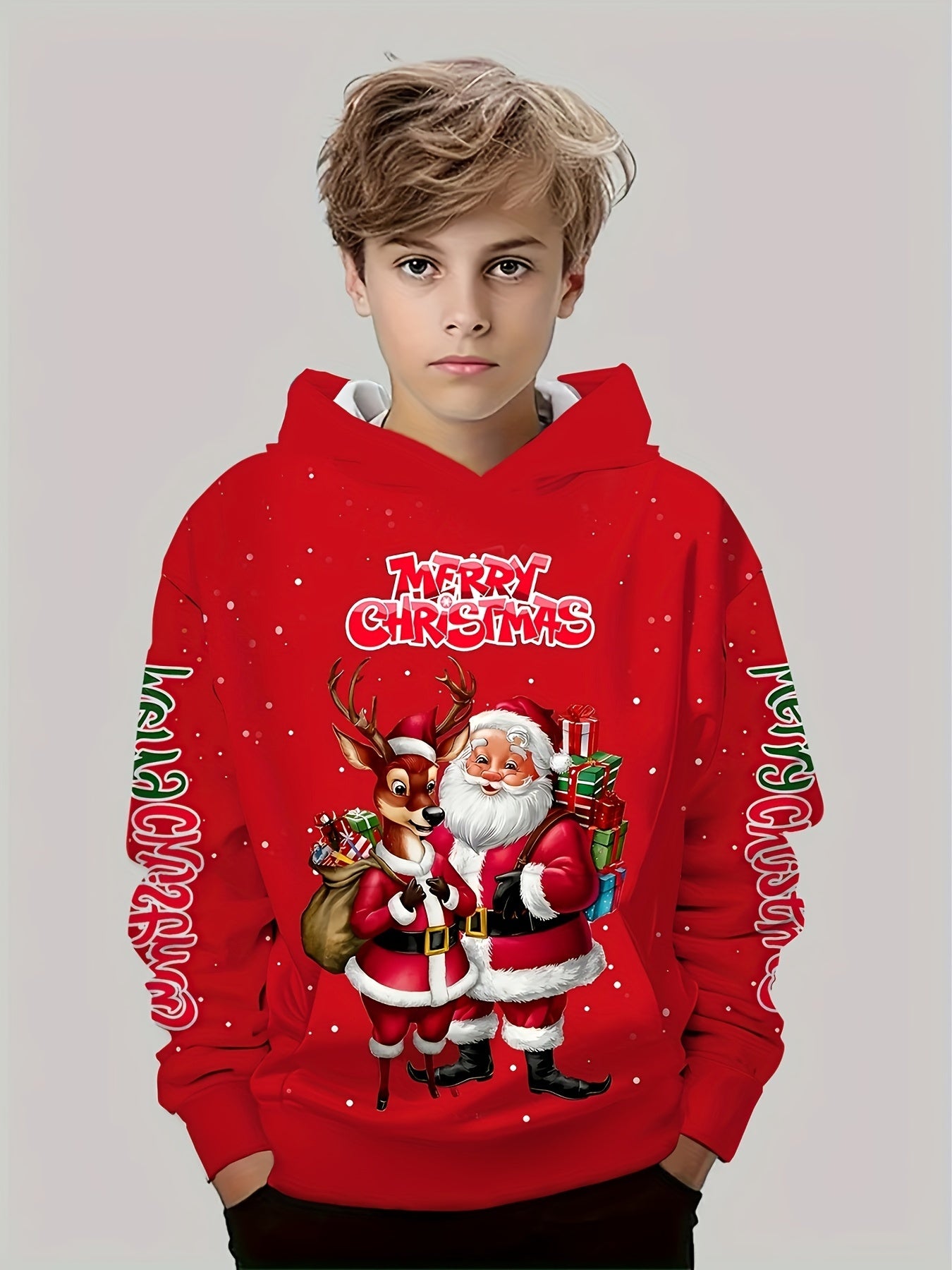 Festive Boys' Winter Hoodie - Fashion Sweatshirts with Santa & Reindeer Print, Long Sleeve Pullover, Casual Polyester Knit with Spandex, Regular Fit for Ages 12 & Under, Perfect for Fall and Winter Seasons