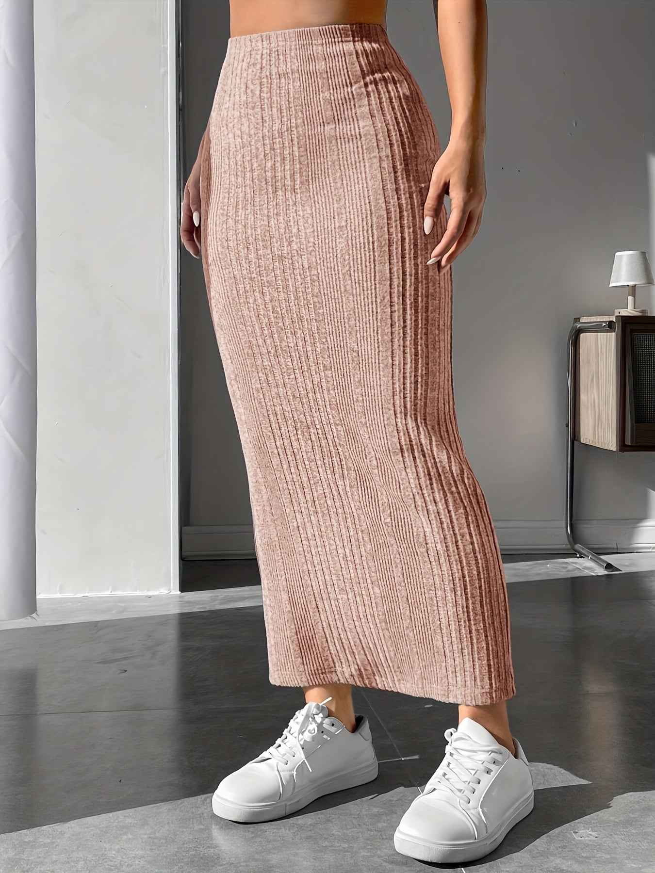 Sixsr Solid Ribbed High Waist Skirt, Casual Ankle Length Skirt For Spring & Fall, Women's Clothing