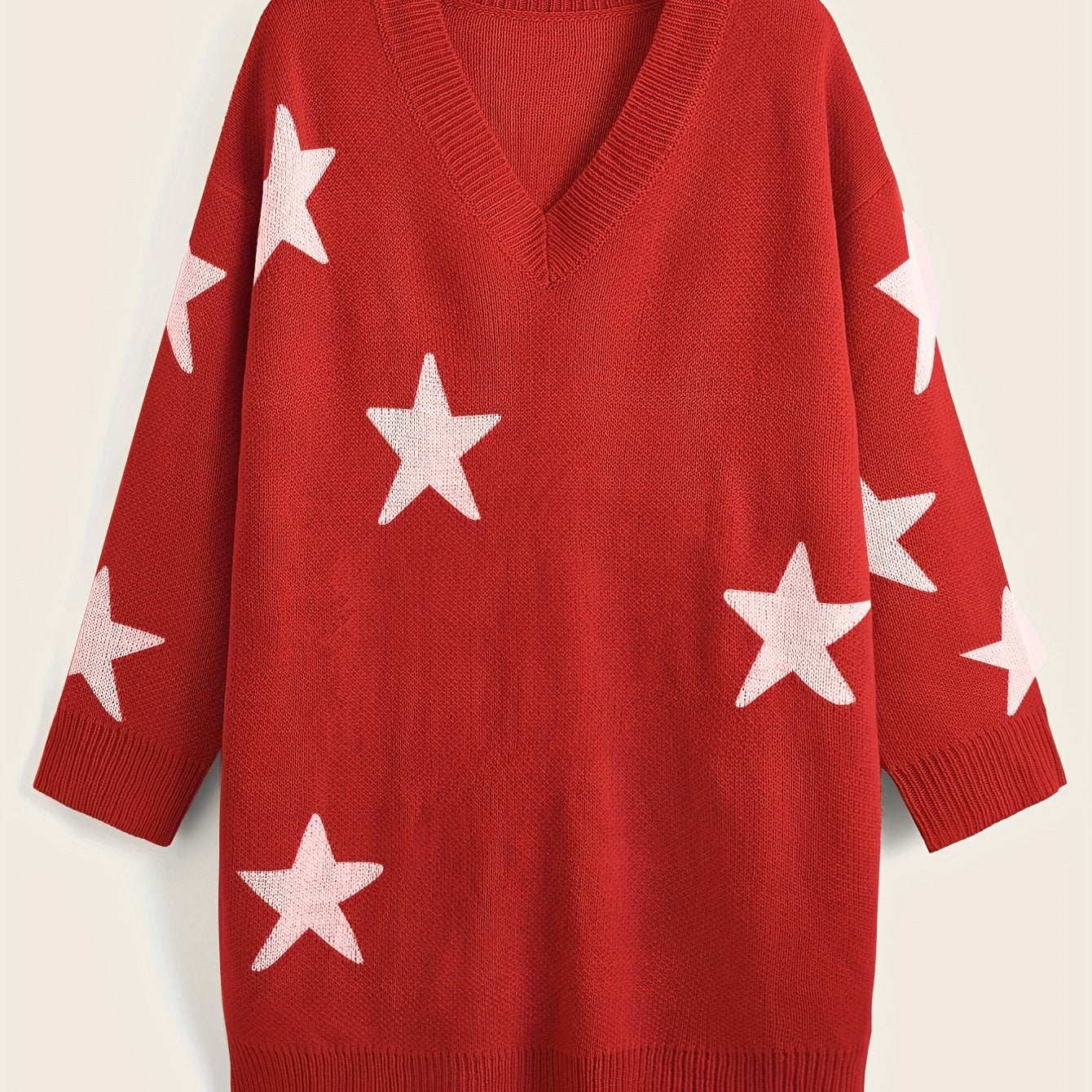 Sixsr Stars Print Sweater Dress, Casual V Neck Long Sleeve Mini Dress, Women's Clothing