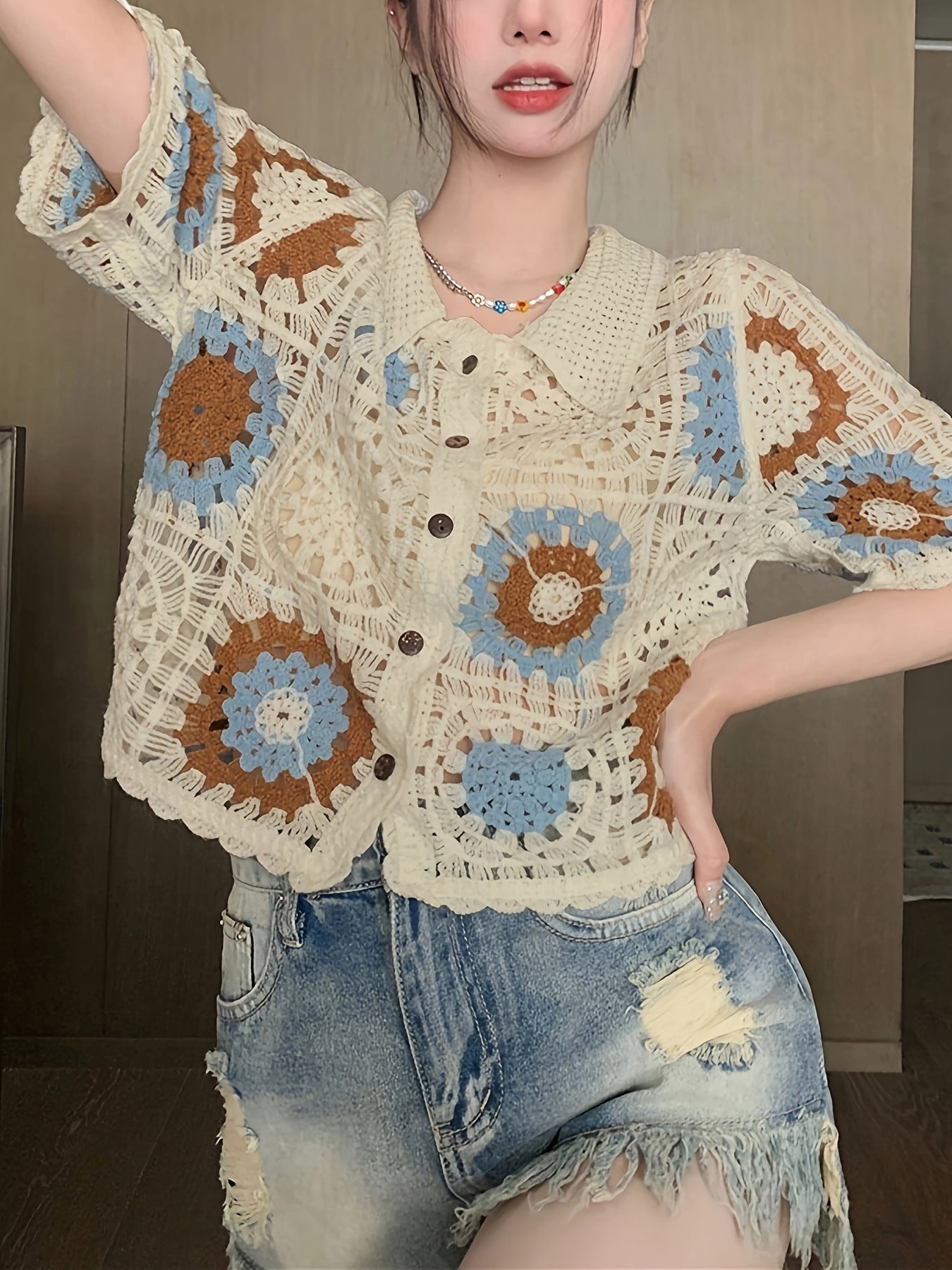 Sixsr Graphic Pattern Hollow Crochet Cardigan, Vintage Button Up Short Sleeve Stylish Top, Women's Clothing