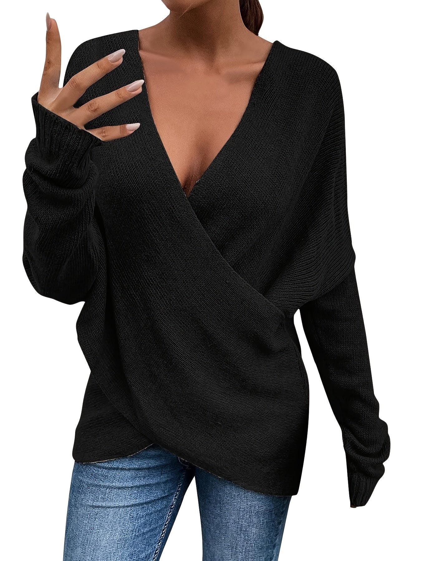 Sixsr Plus Size Twist Front Deep V Neck Irregular Hem Knit Tops, Women's Plus Slight Stretch Sexy Knit Tops