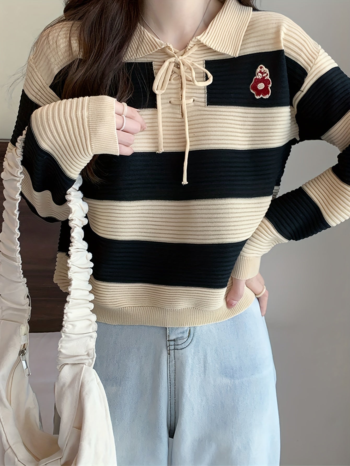 Sixsr Striped Tie Neck Pullover Sweater, Casual Long Sleeve Drop Shoulder Sweater, Women's Clothing
