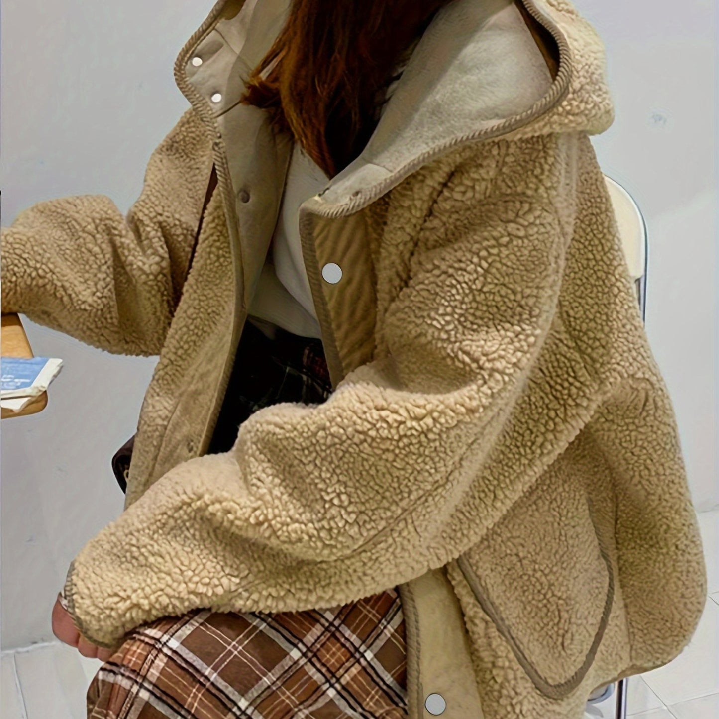 Sixsr Solid Hooded Teddy Coat, Casual Button Front Long Sleeve Winter Outerwear, Women's Clothing