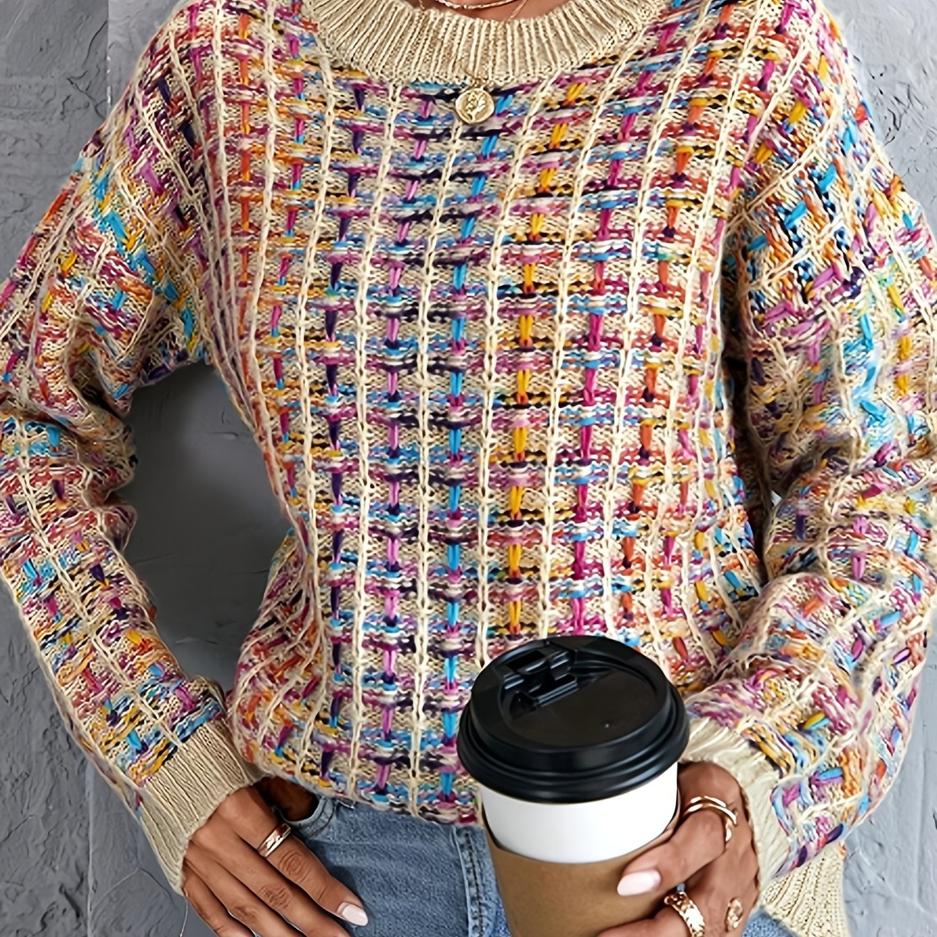 Sixsr Colorful Knit Sweater, Casual Crew Neck Long Sleeve Sweater, Women's Clothing