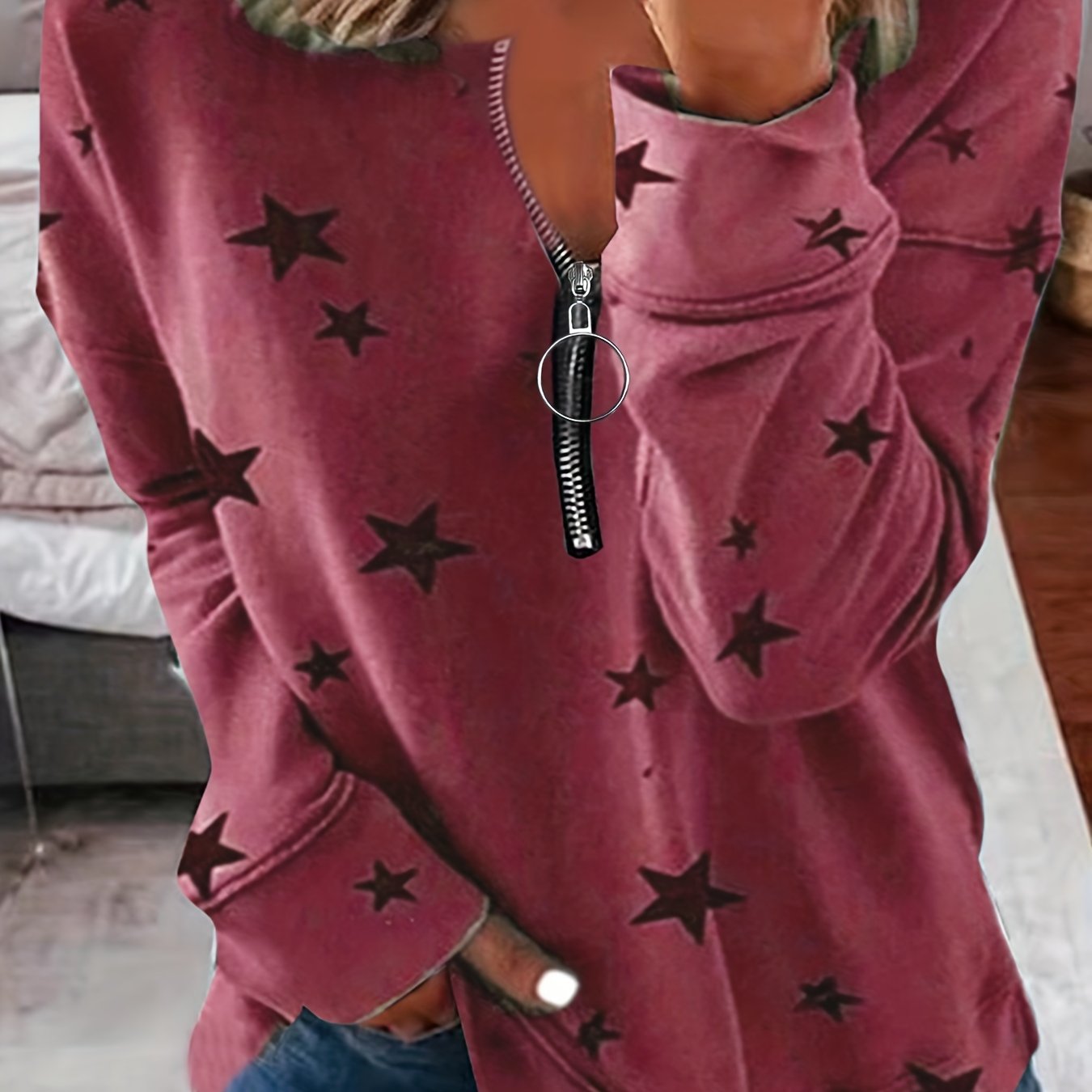 Sixsr Plus Size Casual Top, Women's Plus Star Print Zip Up Long Sleeve Round Neck Slight Stretch Top