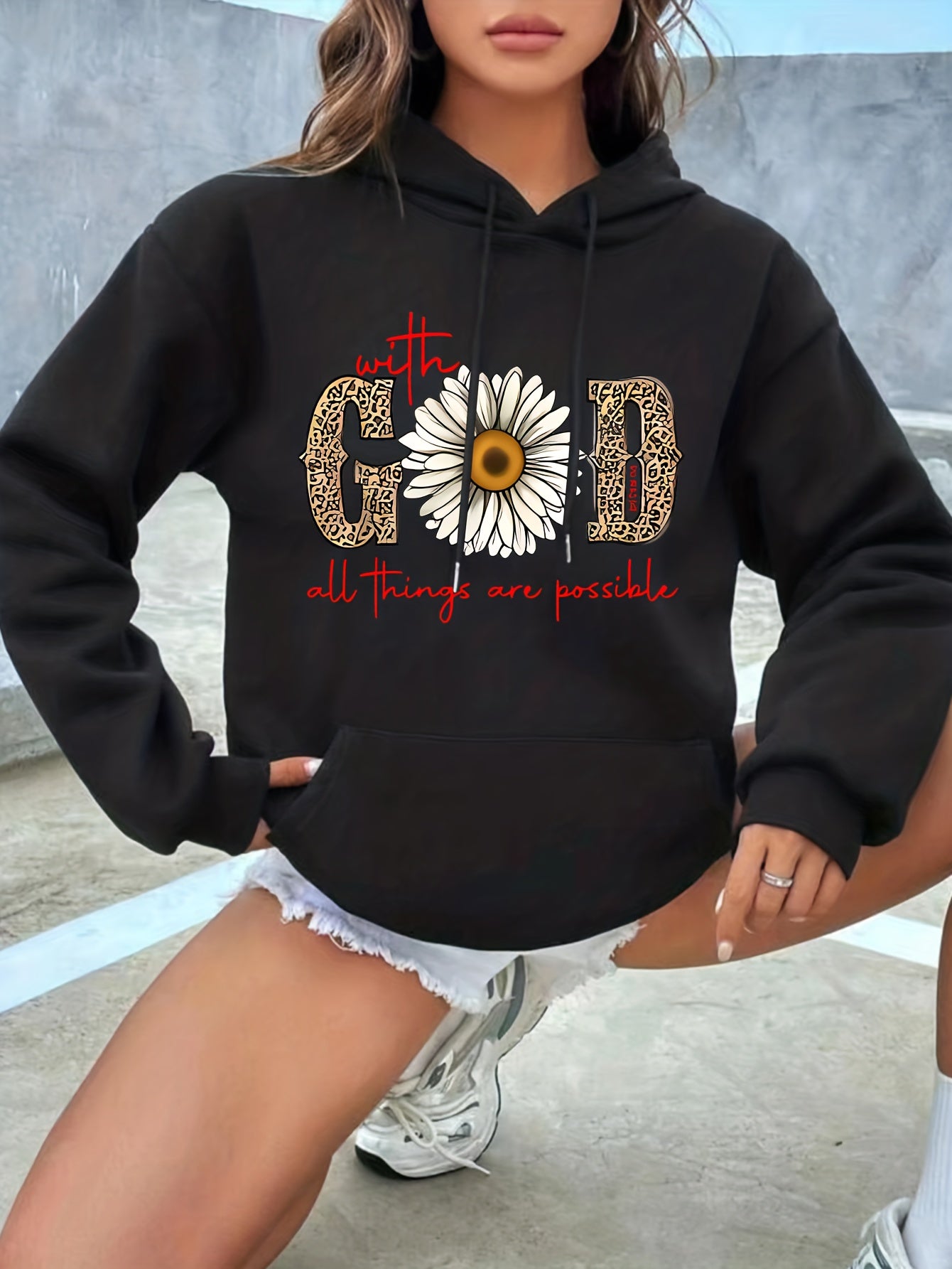 Sixsr Floral & Leopard Print Drawstring Hooded Sweatshirt, Front Pockets Long Sleeves Casual Hoodies, Women's Activewear