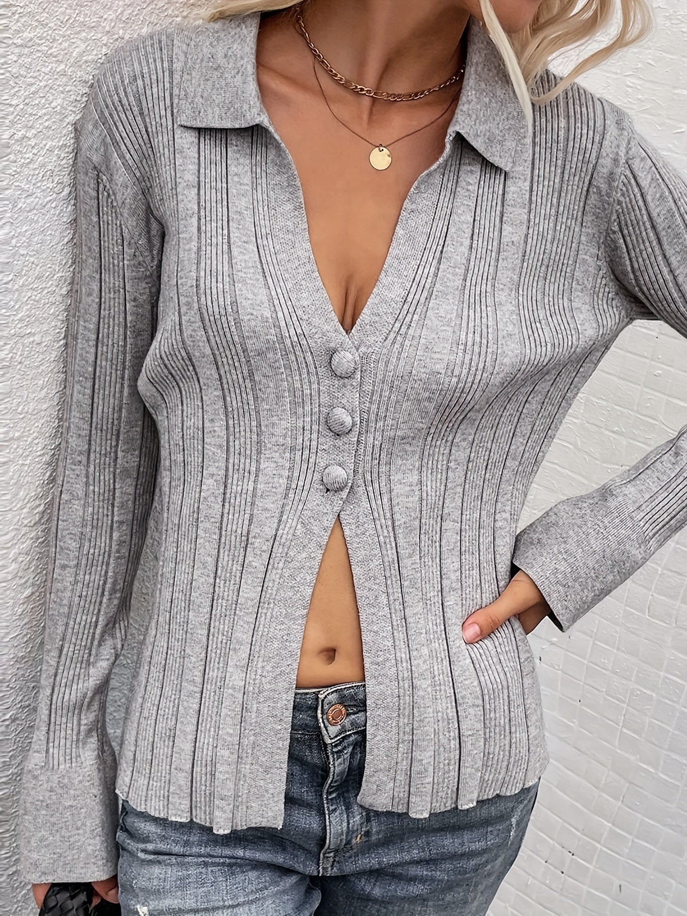 Sixsr Buttons Solid Knit Cardigan, Casual V Neck Long Sleeve Sweater, Women's Clothing