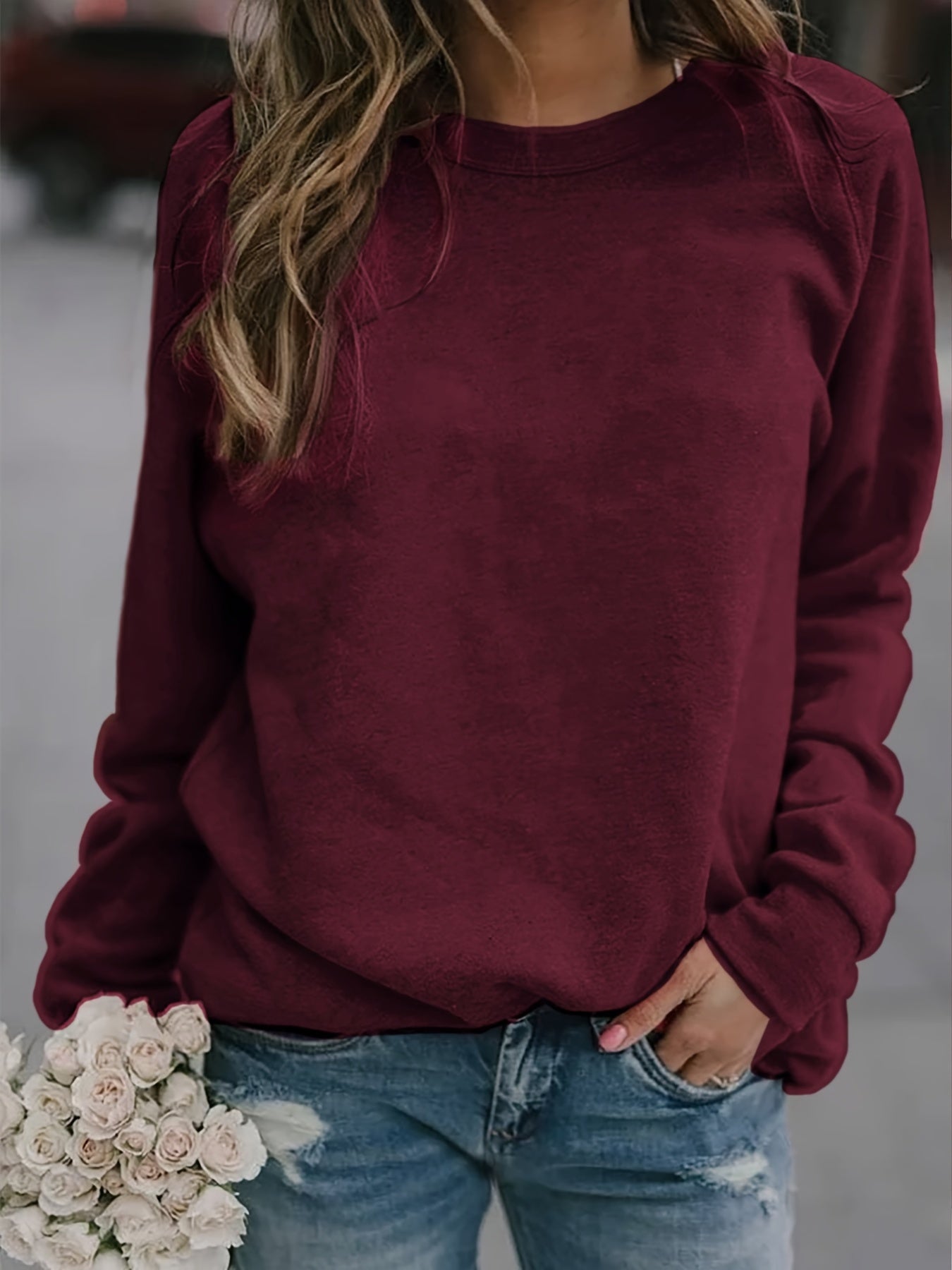 Sixsr Solid Pullover Sweatshirt, Long Sleeve Crew Neck Sweatshirt, Casual Tops For Fall & Winter, Women's Clothing