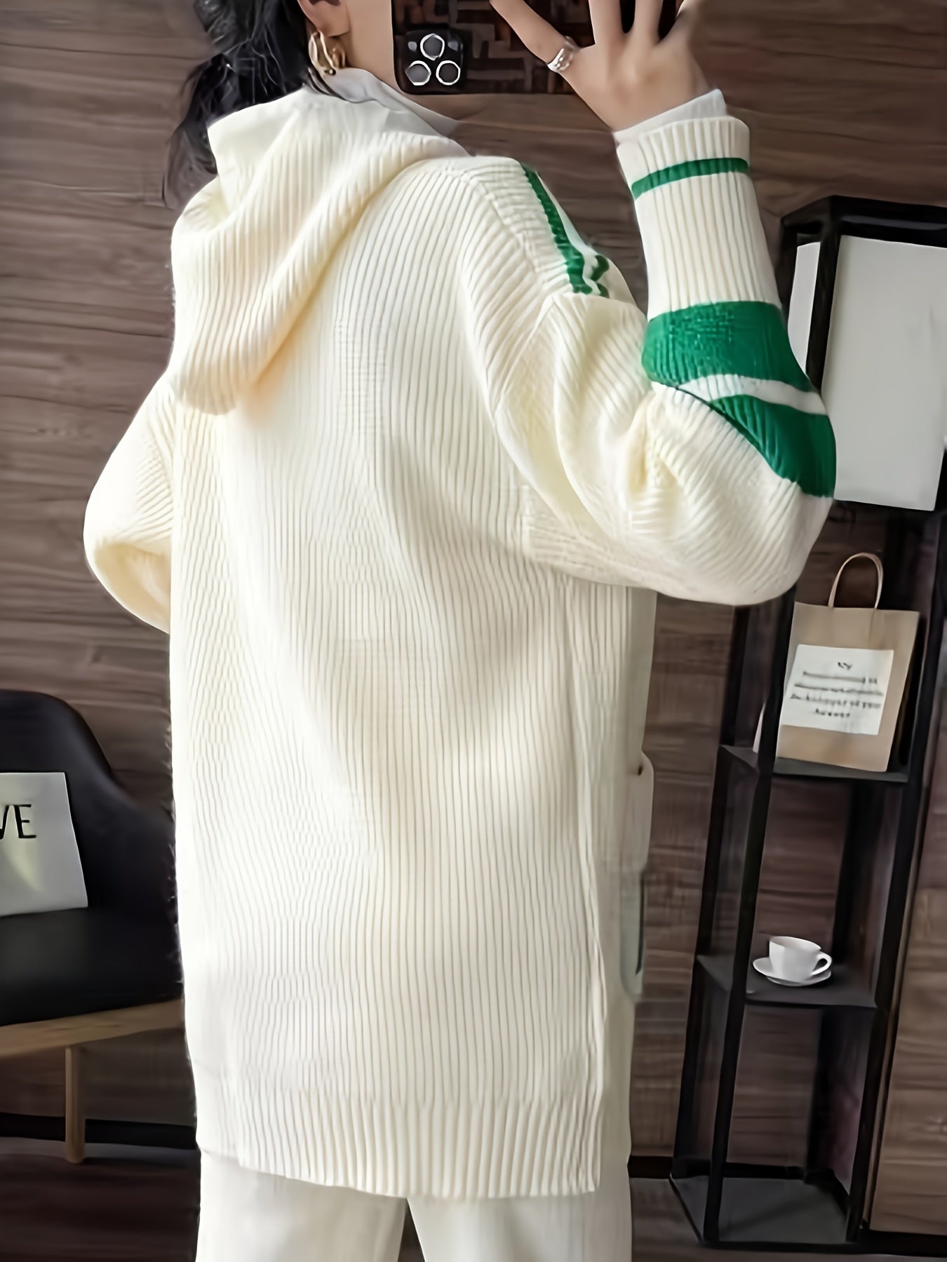 Color Block Knit Drawstring Hooded Cardigan, Casual Long Sleeve Loose Outwear With Pocket, Women's Clothing