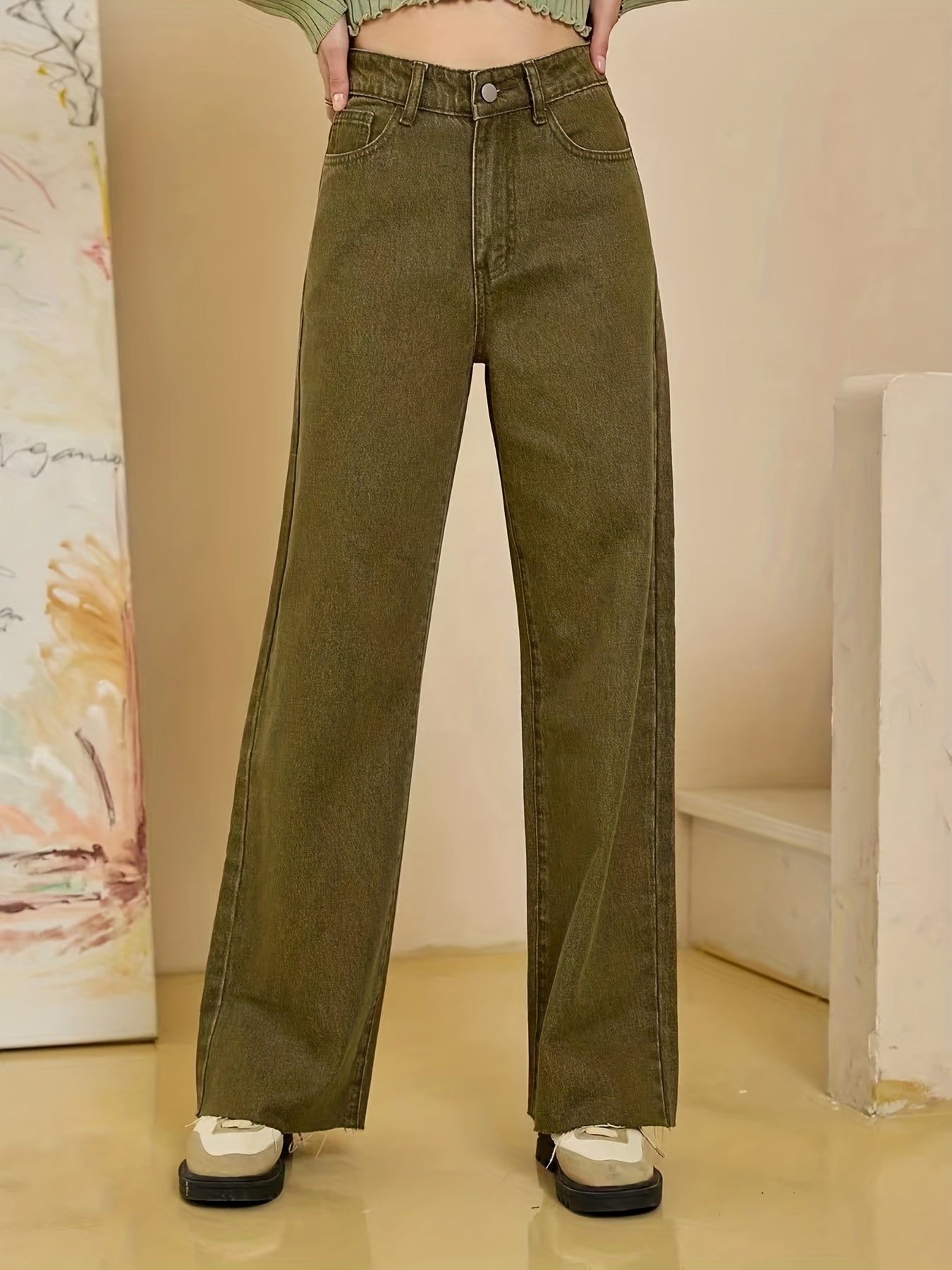 Sixsr Olive Green Frayed Hem Jeans, Solid Color Slant Pocket Straight Leg Denim Pants, Women's Denim Jeans & Clothing