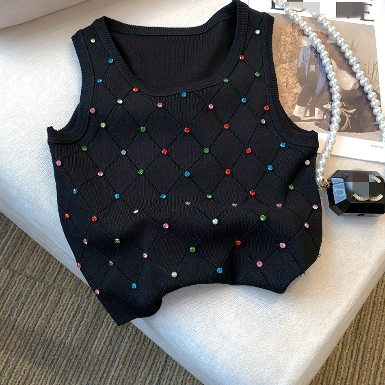 Sixsr Colorful Rhinestone Knitted Tank Top, Casual Crew Neck Sleeveless Tank Top For Summer, Women's Clothing