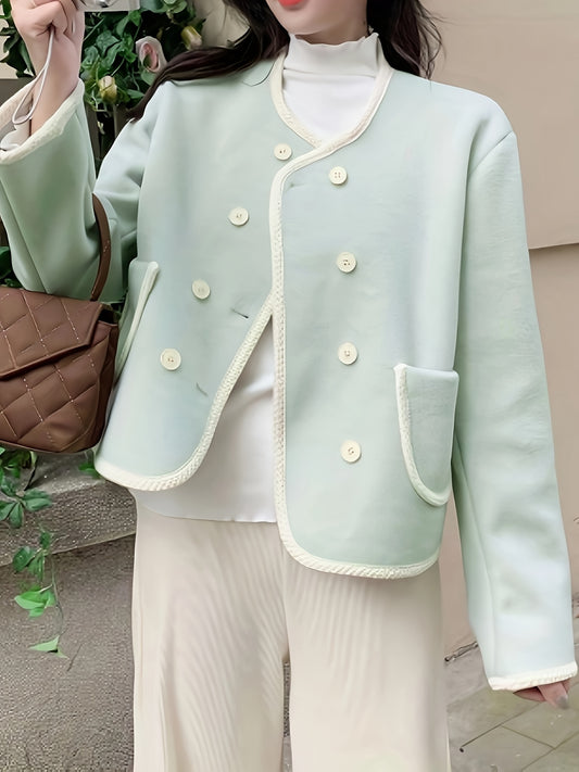 Sixsr Fuzzy Trim Crew Neck Jacket, Elegant Double Breasted Long Sleeve Outerwear, Women's Clothing