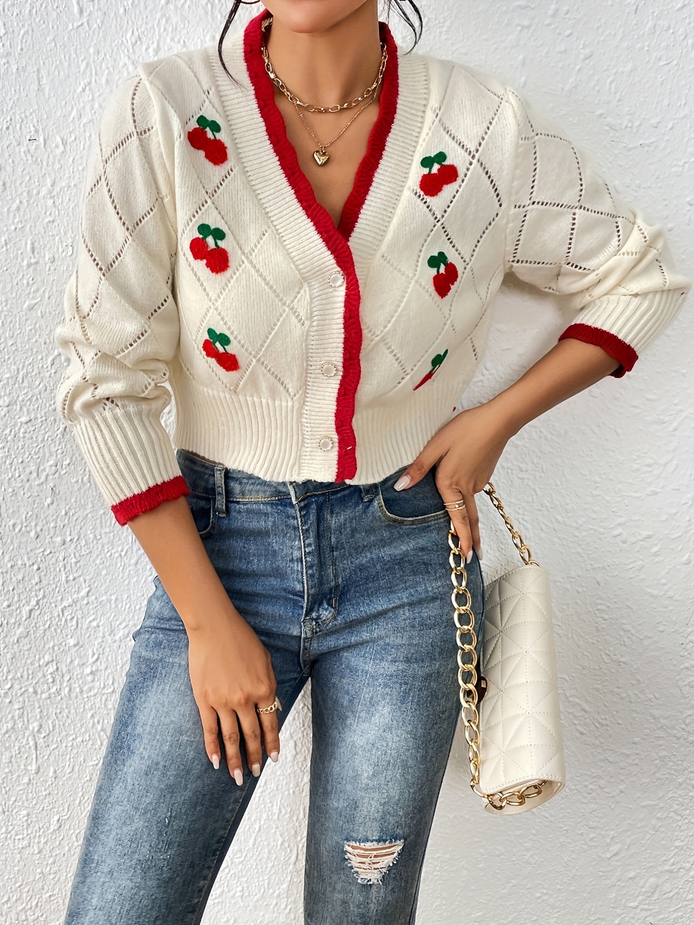 Sixsr Cherry Pattern Button Down Pointelle Knit Cardigan, Casual Long Sleeve Crop Sweater, Women's Clothing