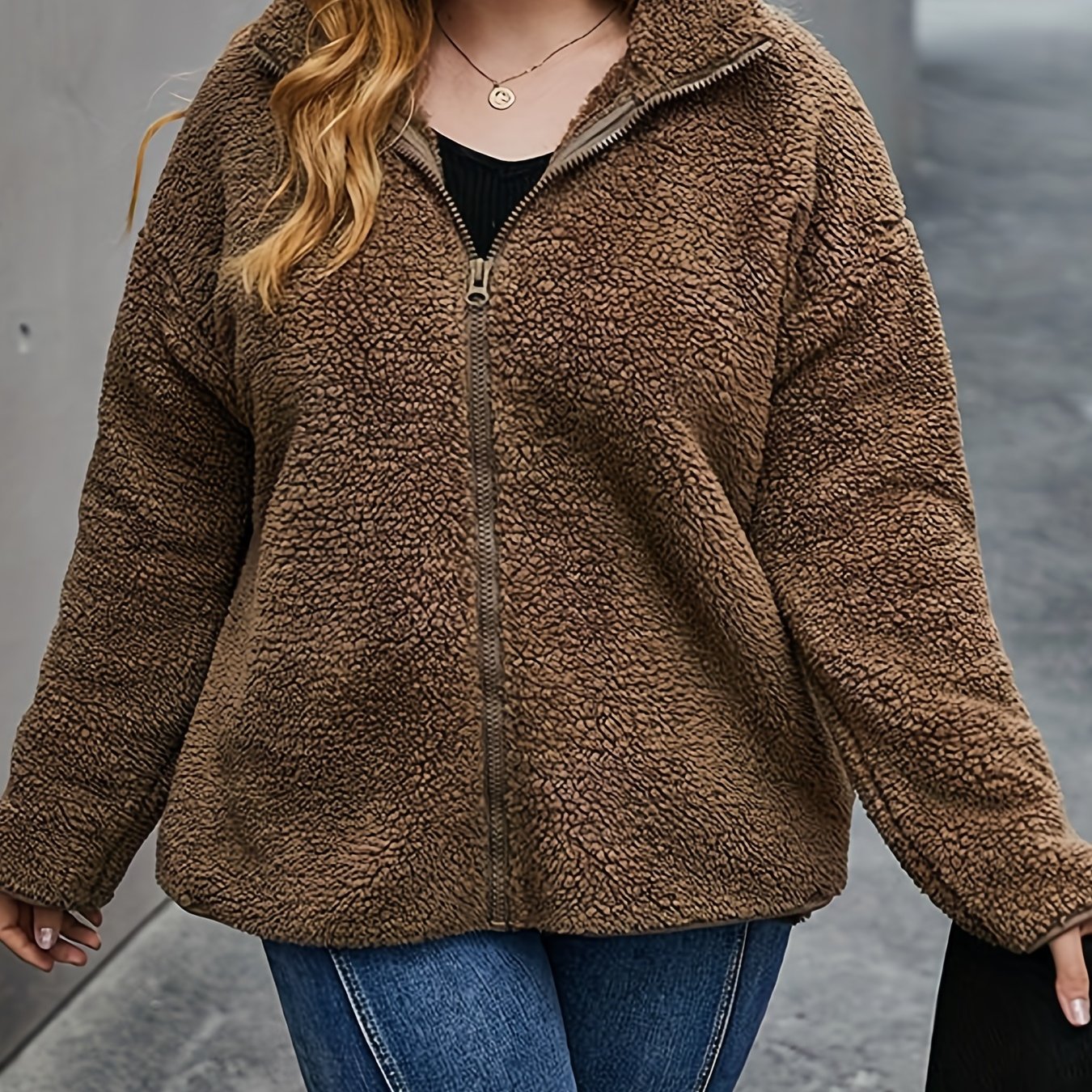 Sixsr Plus Size Cute Coat, Women's Plus Solid Fleece Long Sleeve Zip Up High Neck Teddy Coat