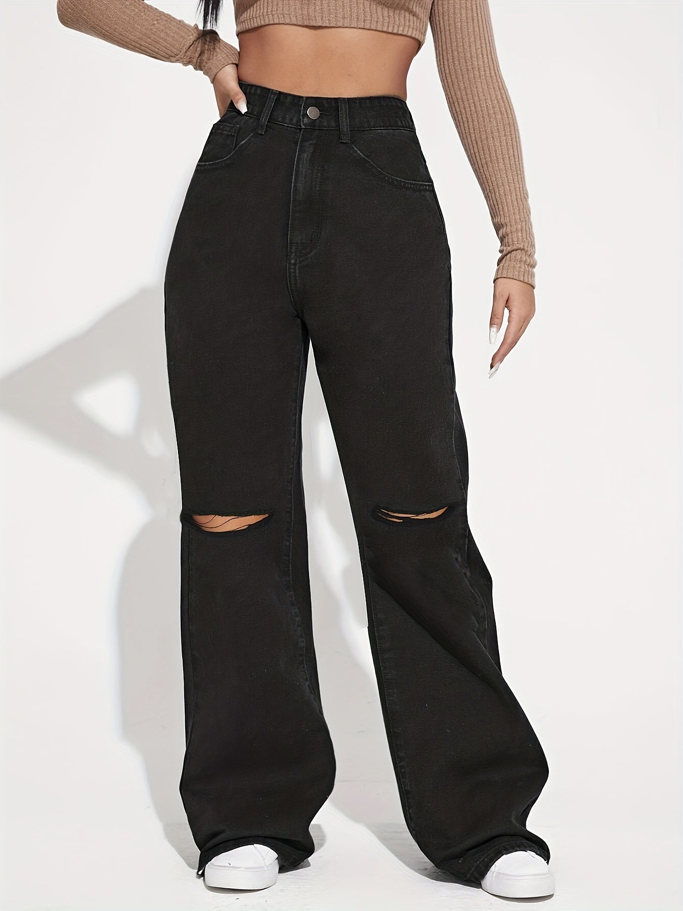 Sixsr Black Ripped Loose Fit Straight Jeans, Wide Leg Slash Pockets High Waist Non-Stretch Denim Pants, Women's Denim Jeans & Clothing