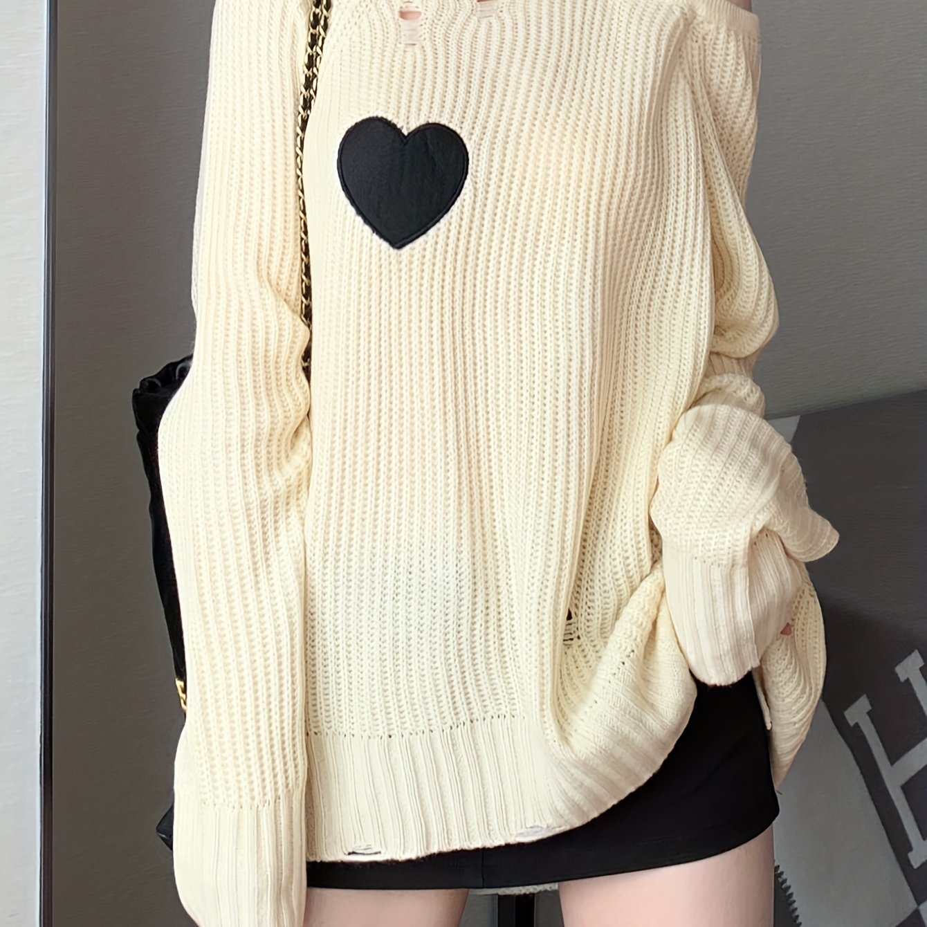 Sixsr Heart Pattern One-shoulder Ripped Sweater, Casual Long Sleeve Sweater For Fall & Winter, Women's Clothing