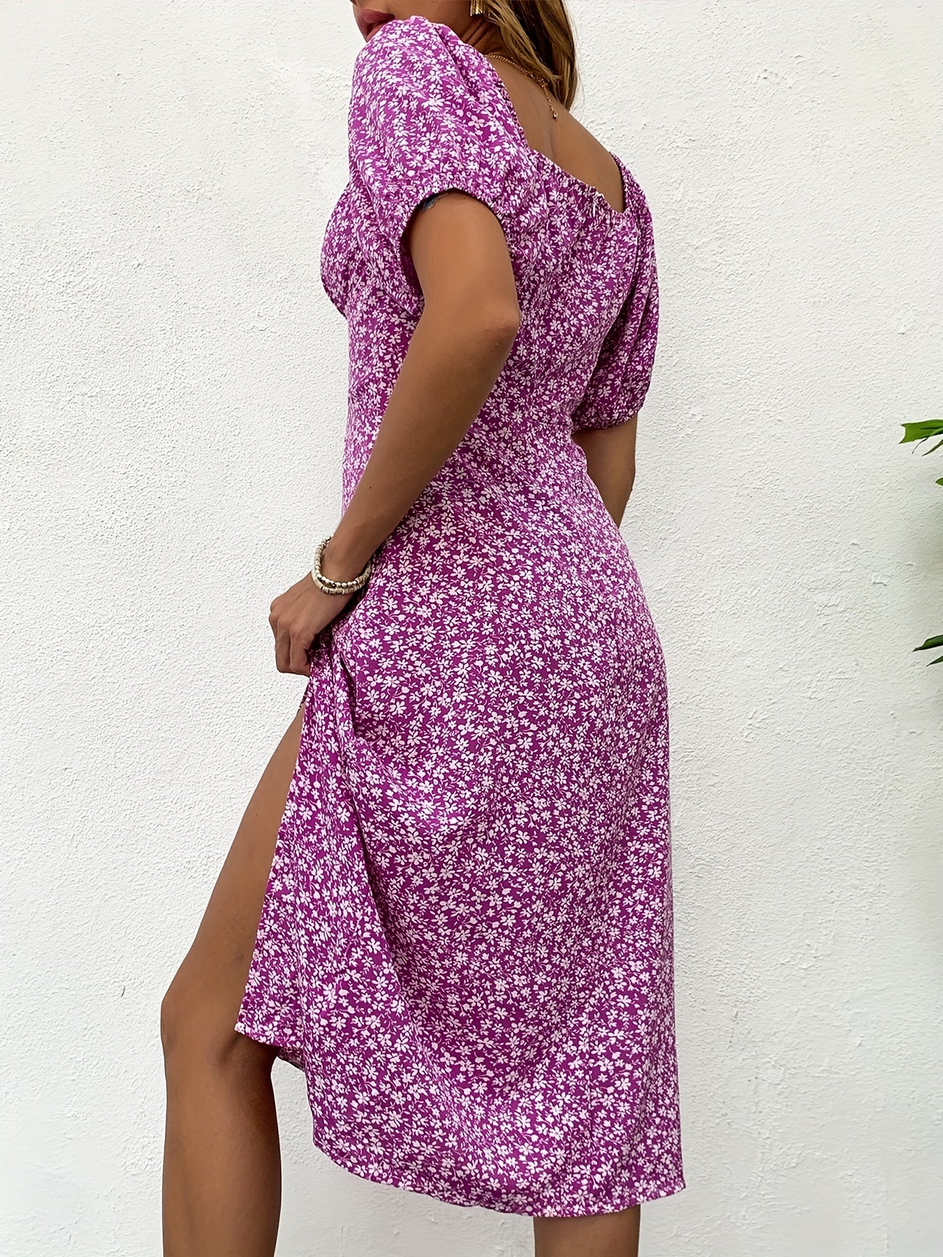 Sixsr Ditsy Floral Print Dress, Puff Sleeve Drawstring Split Hem Dress, Women's Clothing