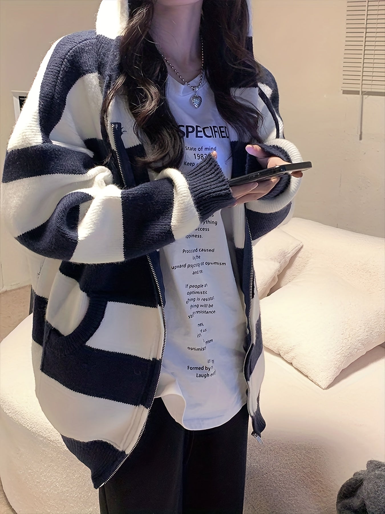 Sixsr Striped Zip Up Knit Cardigan, Vintage Long Sleeve Loose Hooded Sweater, Women's Clothing