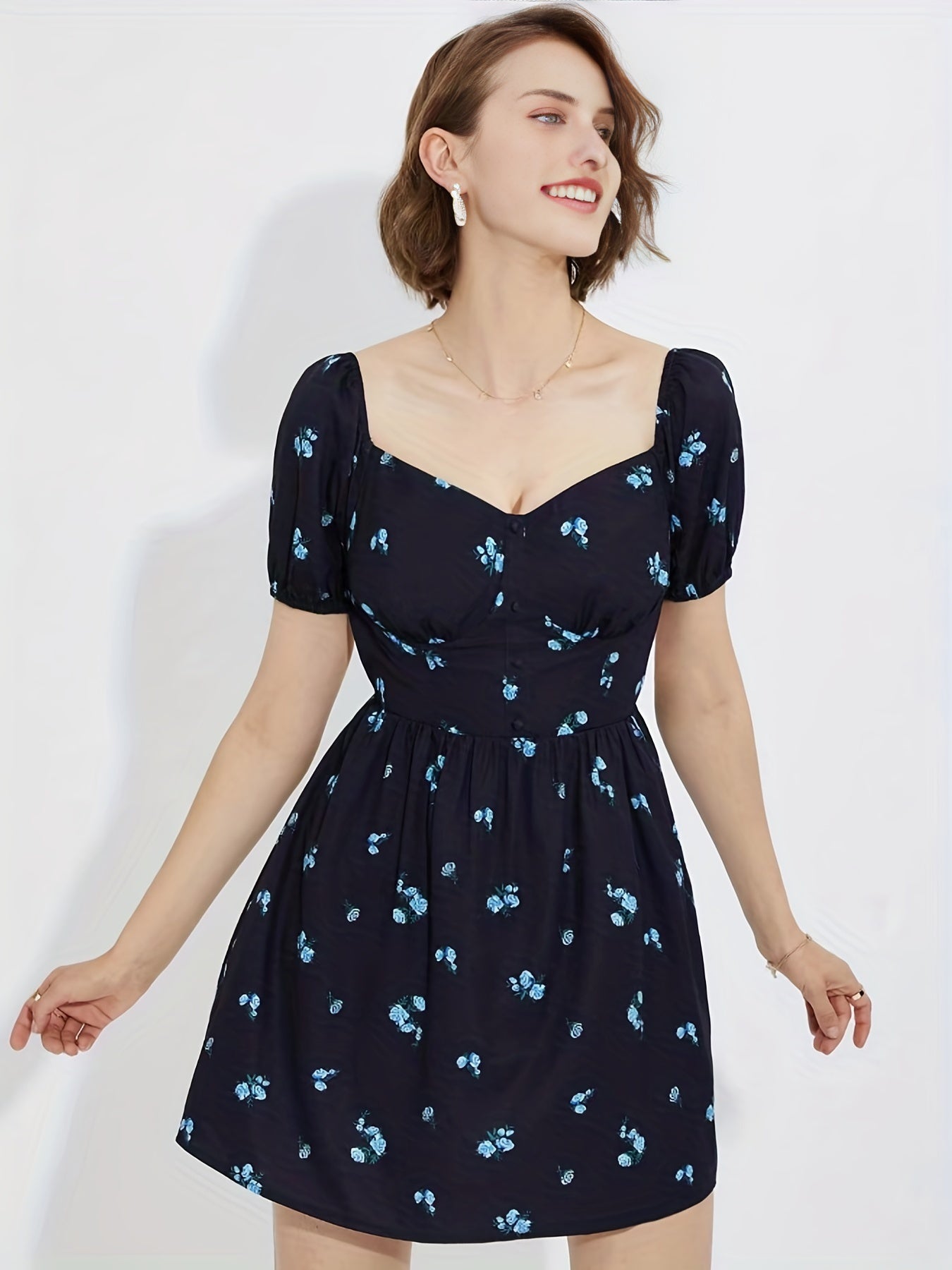 Sixsr Floral Print Sweetheart Neck Dress, Elegant Puff Sleeve Tie Back Ruched Mini Dress, Women's Clothing