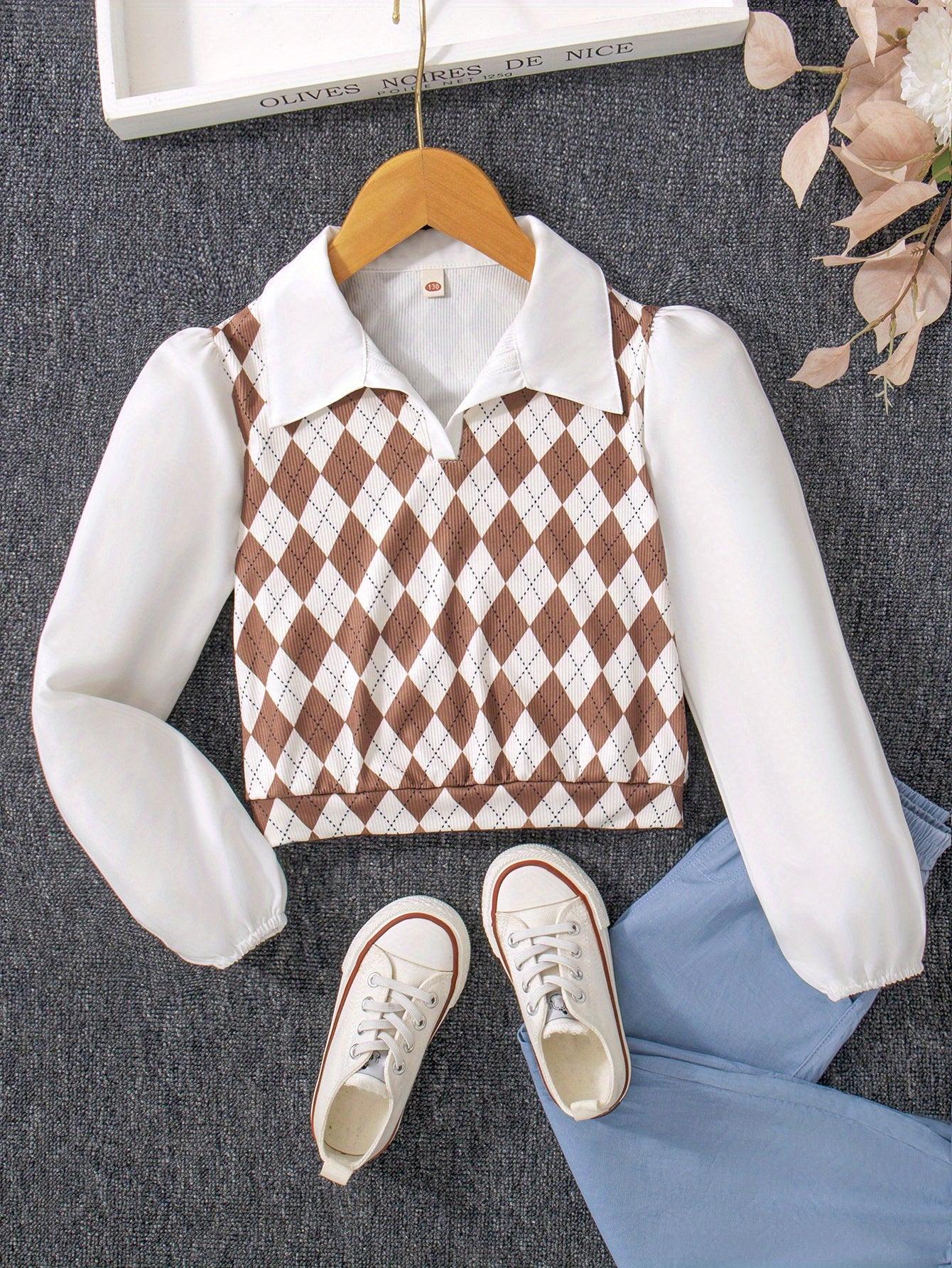 Sixsr Kids/Teen Girls Argyle Splicing Collar V-Neck Shirt For School Daily