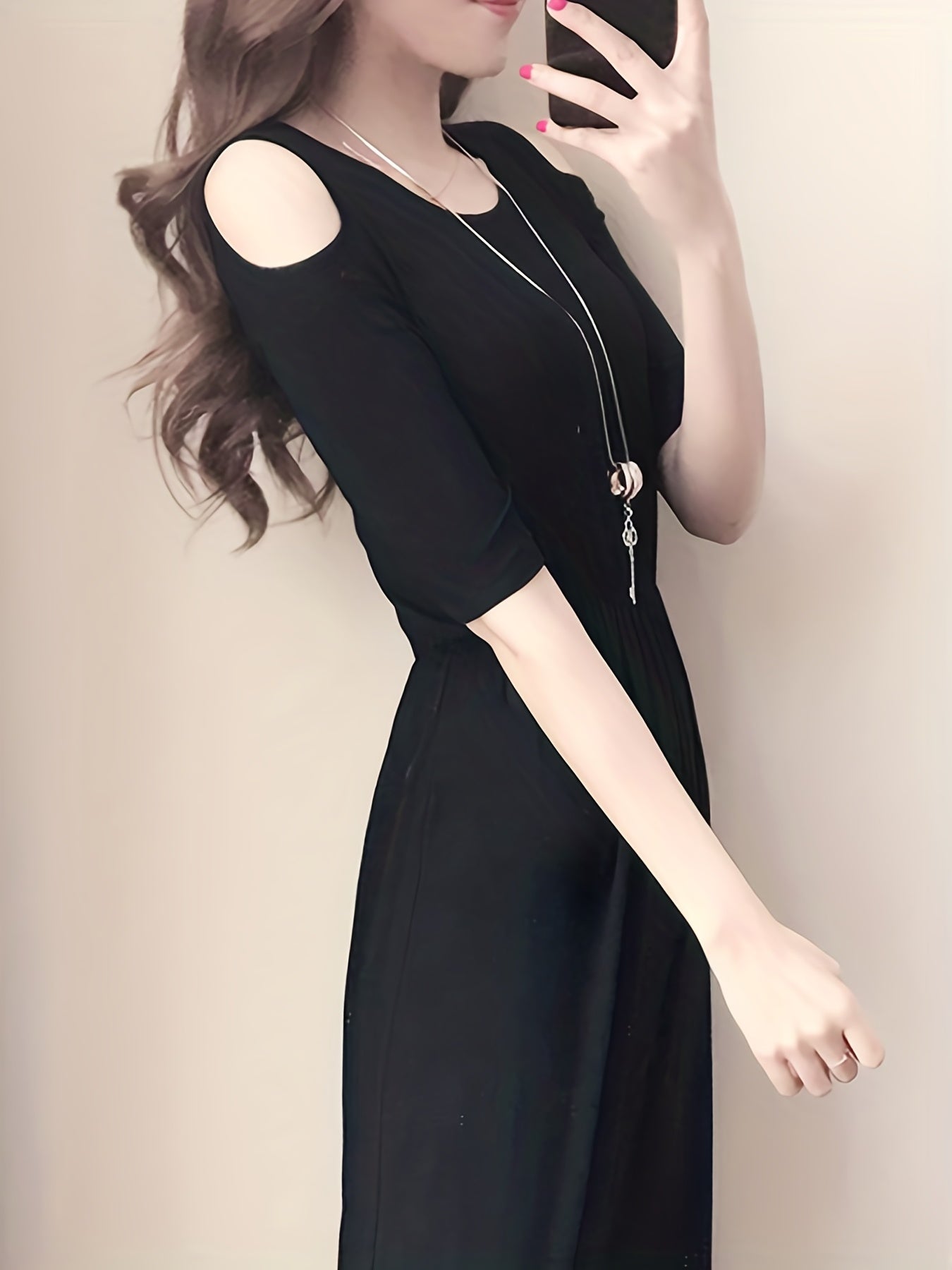 Sixsr Solid Cold Shoulder Dress, Elegant Half Sleeve Crew Neck Dress, Women's Clothing