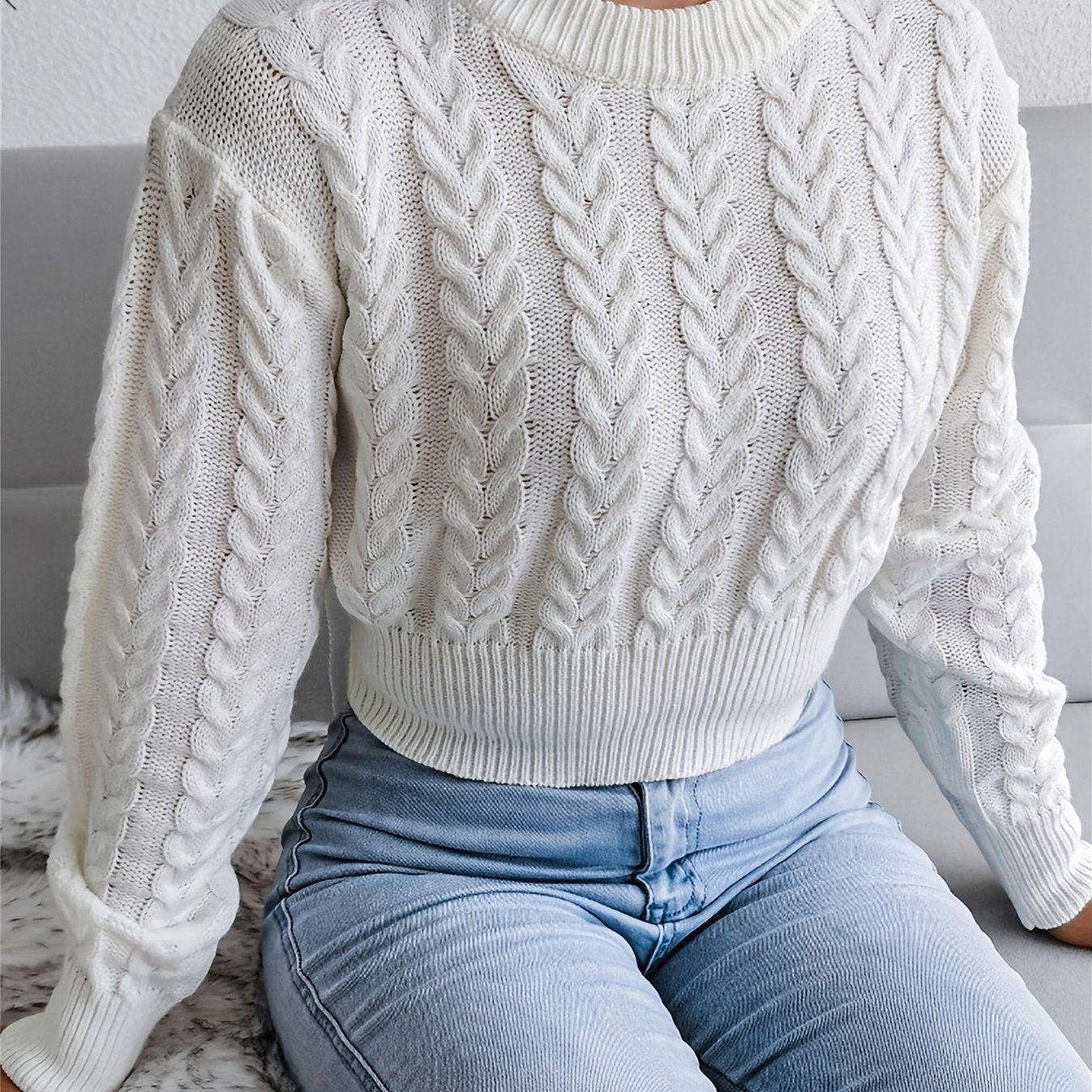 Sixsr Cable Crew Neck Crop Sweater, Casual Waist Long Sleeve Fall Winter Knit Crop Sweater, Women's Clothing