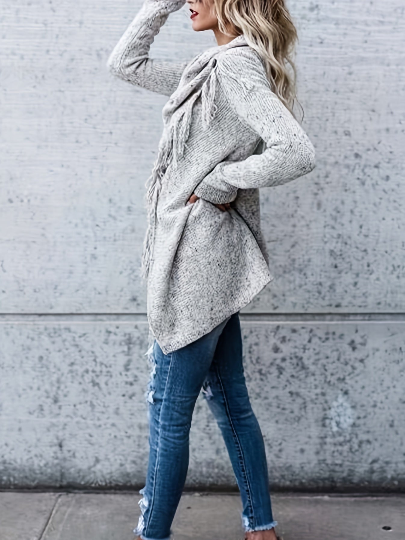 Sixsr Plus Size Casual Sweater, Women's Plus Solid Tassel Trim Long Sleeve Cowl Neck High Stretch Jumper