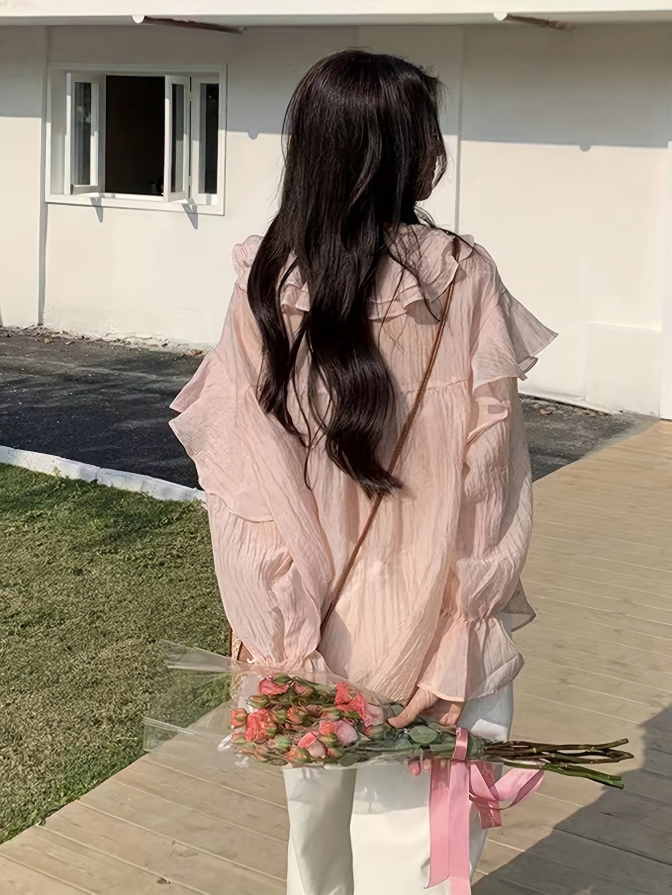 Sixsr Solid Ruffle Trim V-neck Blouse, Elegant Long Sleeve Blouse For Spring & Fall, Women's Clothing