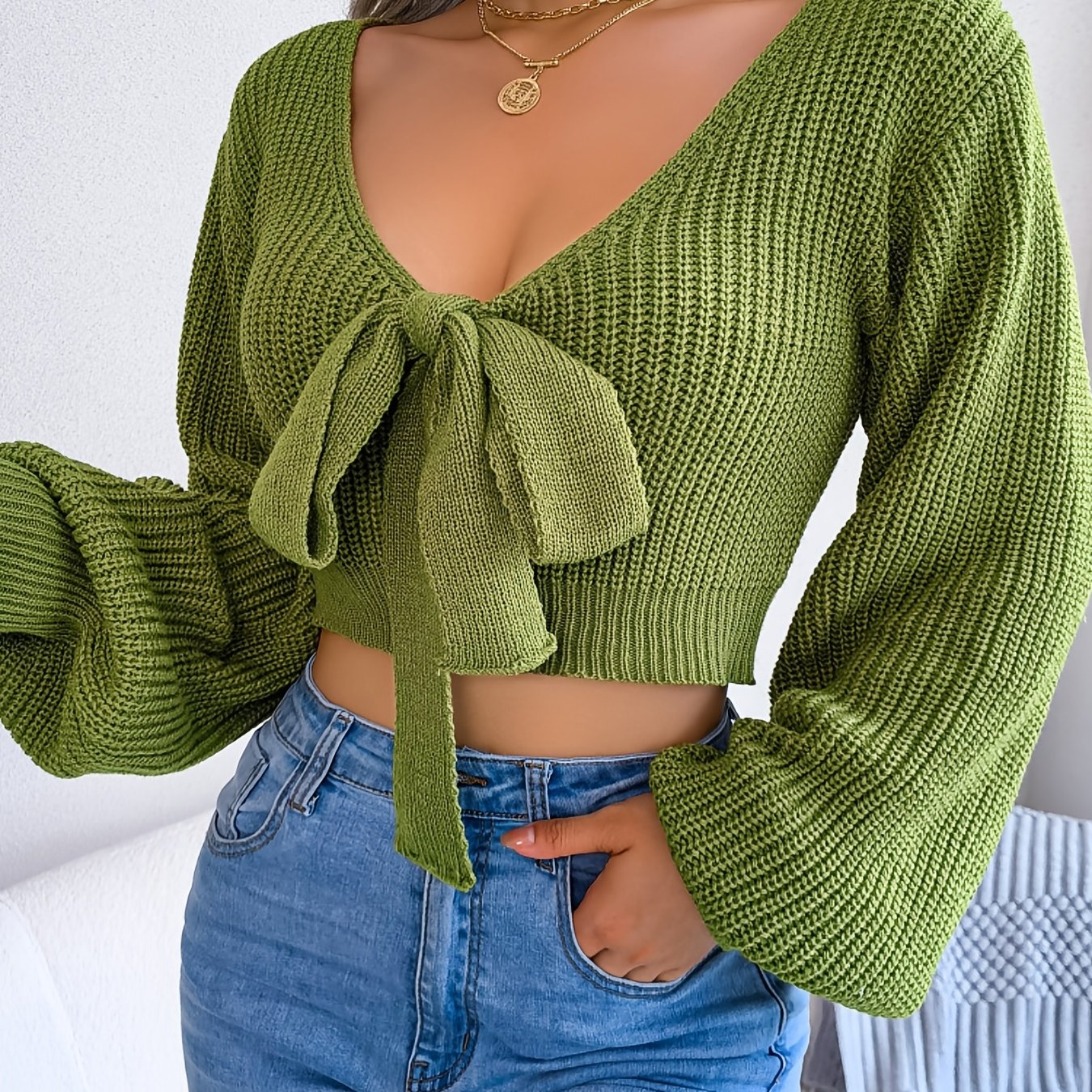 Sixsr Sexy Bowknot V Neck Crop Sweater, Casual Lantern Long Sleeve Loose Fall Winter Knit Sweater, Women's Clothing