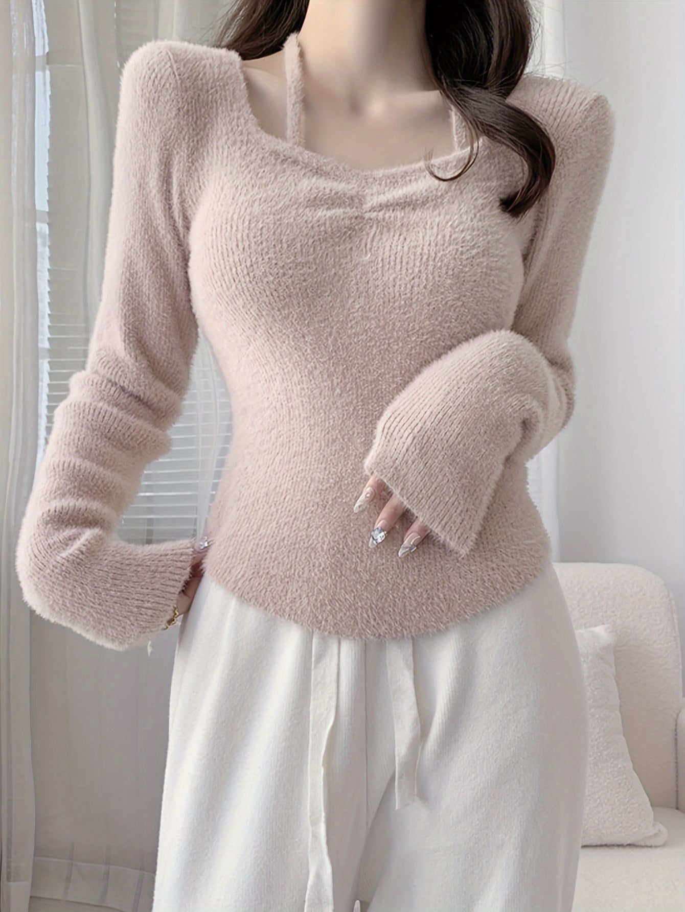 Sixsr Solid Slim Halter Pullover Sweater, Casual Long Sleeve Cozy Sweater For Spring & Fall, Women's Clothing