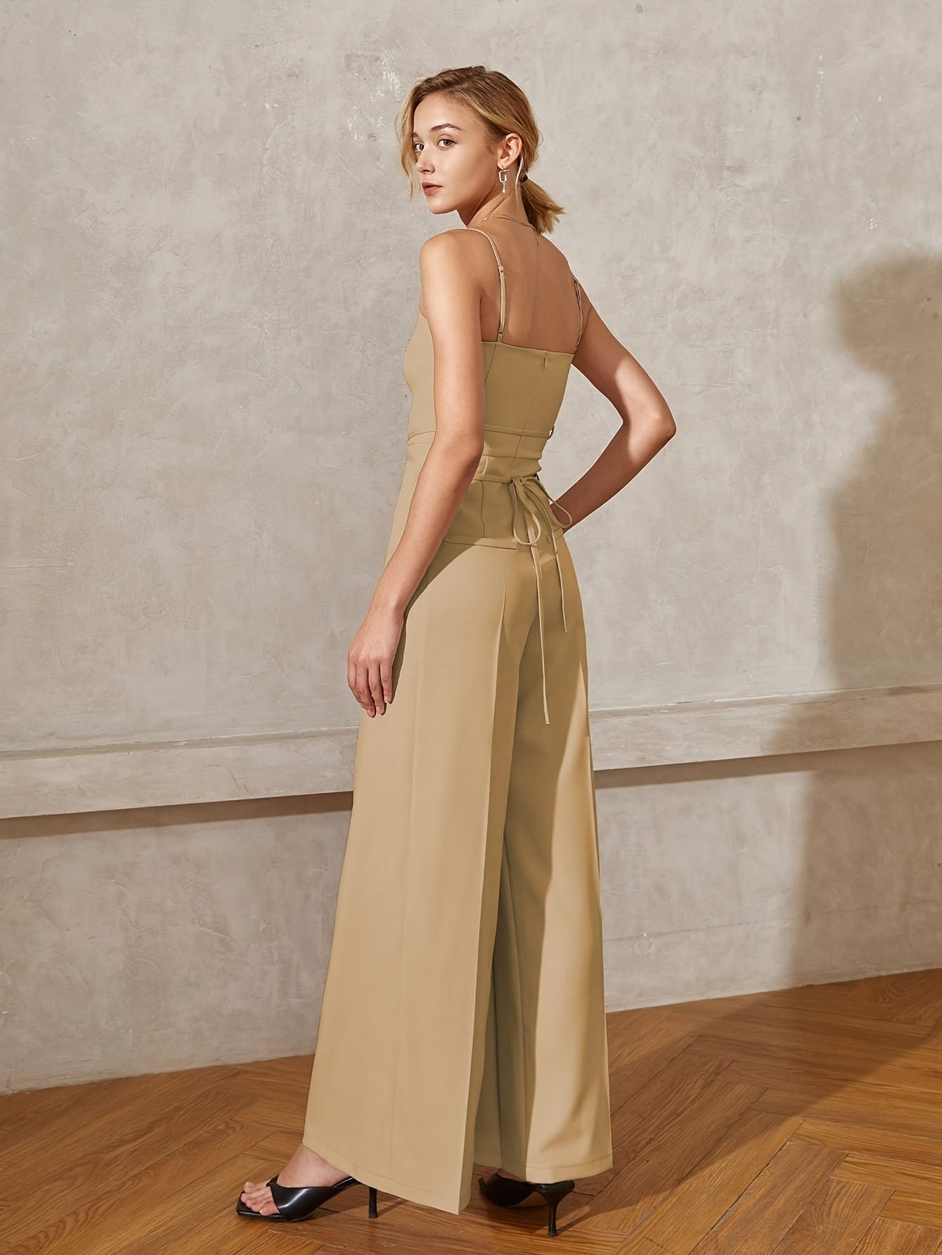 Sixsr Solid Tie Back Cami Jumpsuit, Elegant Sleeveless Wide Leg Jumpsuit For Spring & Summer, Women's Clothing