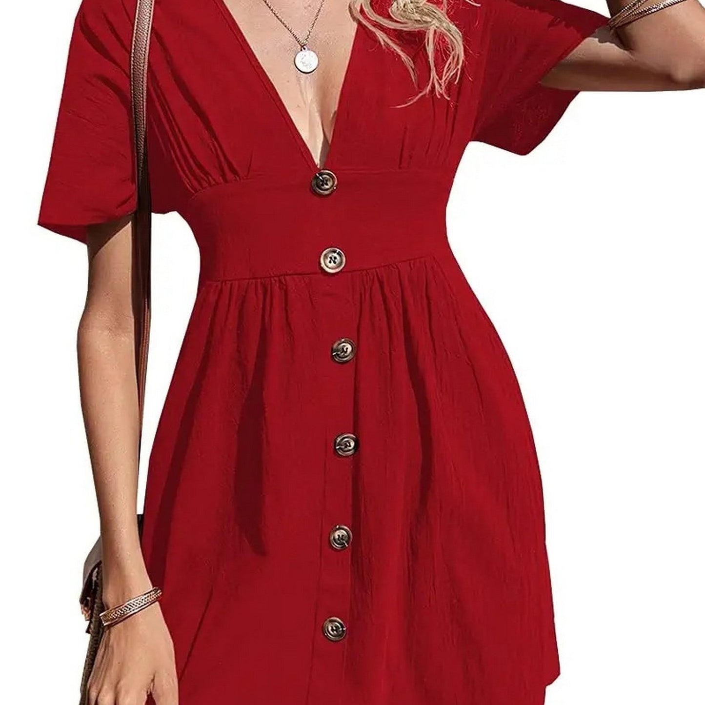 Sixsr Women's Dresses Sexy Solid Color V Neck Button Up Short Sleeve Dresses