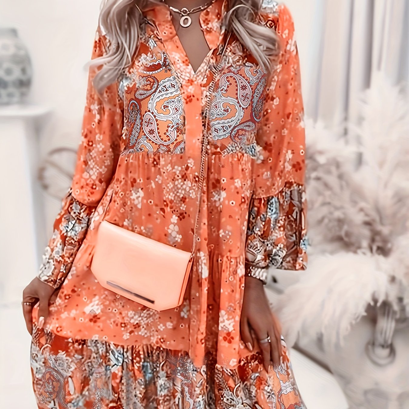 Sixsr Floral Print Ruffle Hem Dress, Boho Holiday Long Sleeve V-neck Dress, Women's Clothing