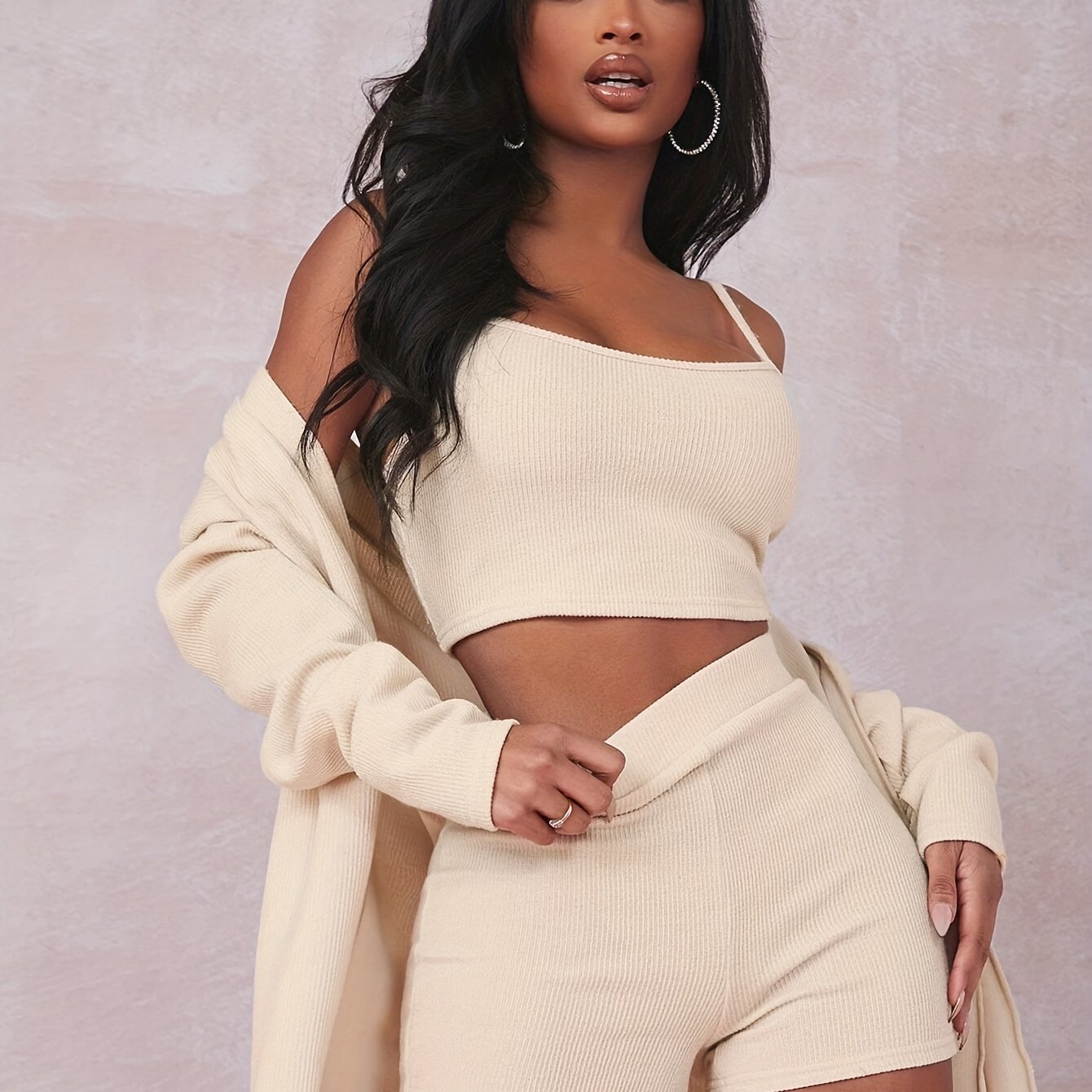 Sixsr Solid Casual Three-piece Set, Button Front Long Sleeve Tops & Spaghetti Strap Cami Top & Slim Shorts Outfits, Women's Clothing
