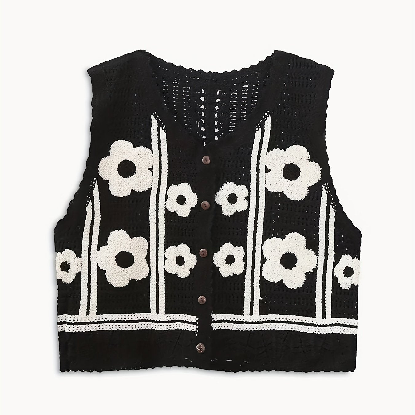Sixsr Floral Pattern Button Crop Sweater Vest, Casual Sleeveless Hollow Sweater For Spring & Fall, Women's Clothing