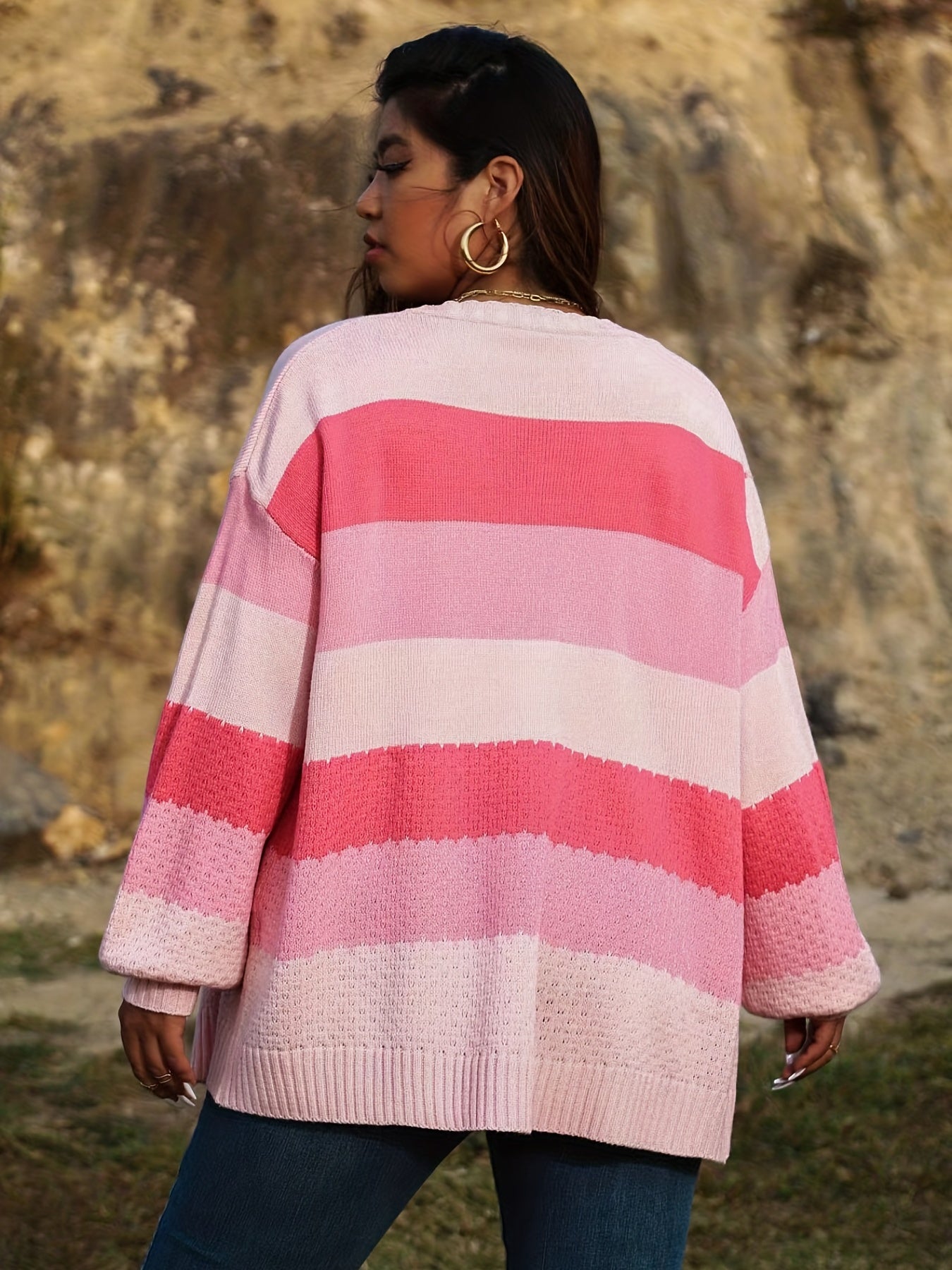 Sixsr Plus Size Colorblock Long Sleeve Cardigan, Women's Plus Slight Stretch Casual Sweater Cardigan