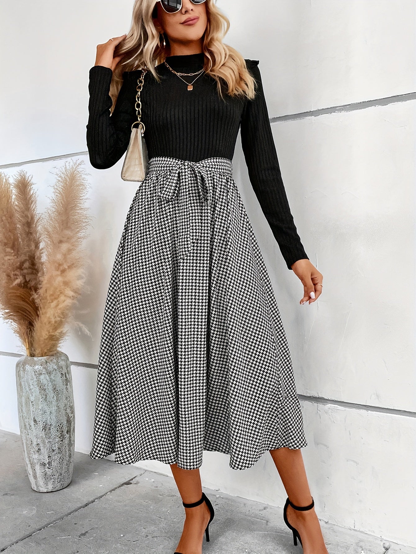 Sixsr Houndstooth Print Splicing Dress, Elegant Mock Neck Long Sleeve Dress, Women's Clothing