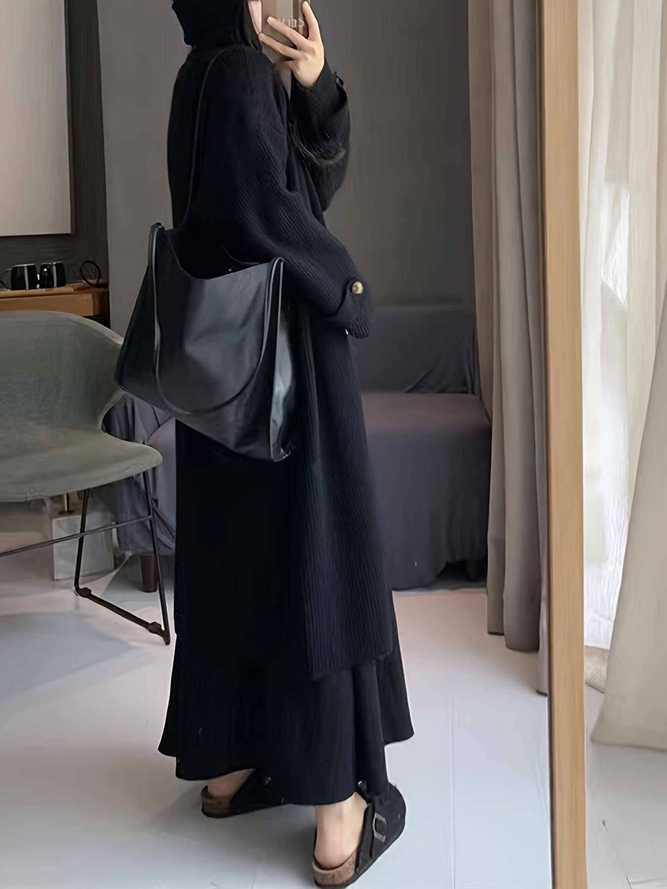 Sixsr Elegant Open Front Solid Cardigan, Long Sleeve Midi Length Cardigan For Fall & Winter, Women's Clothing