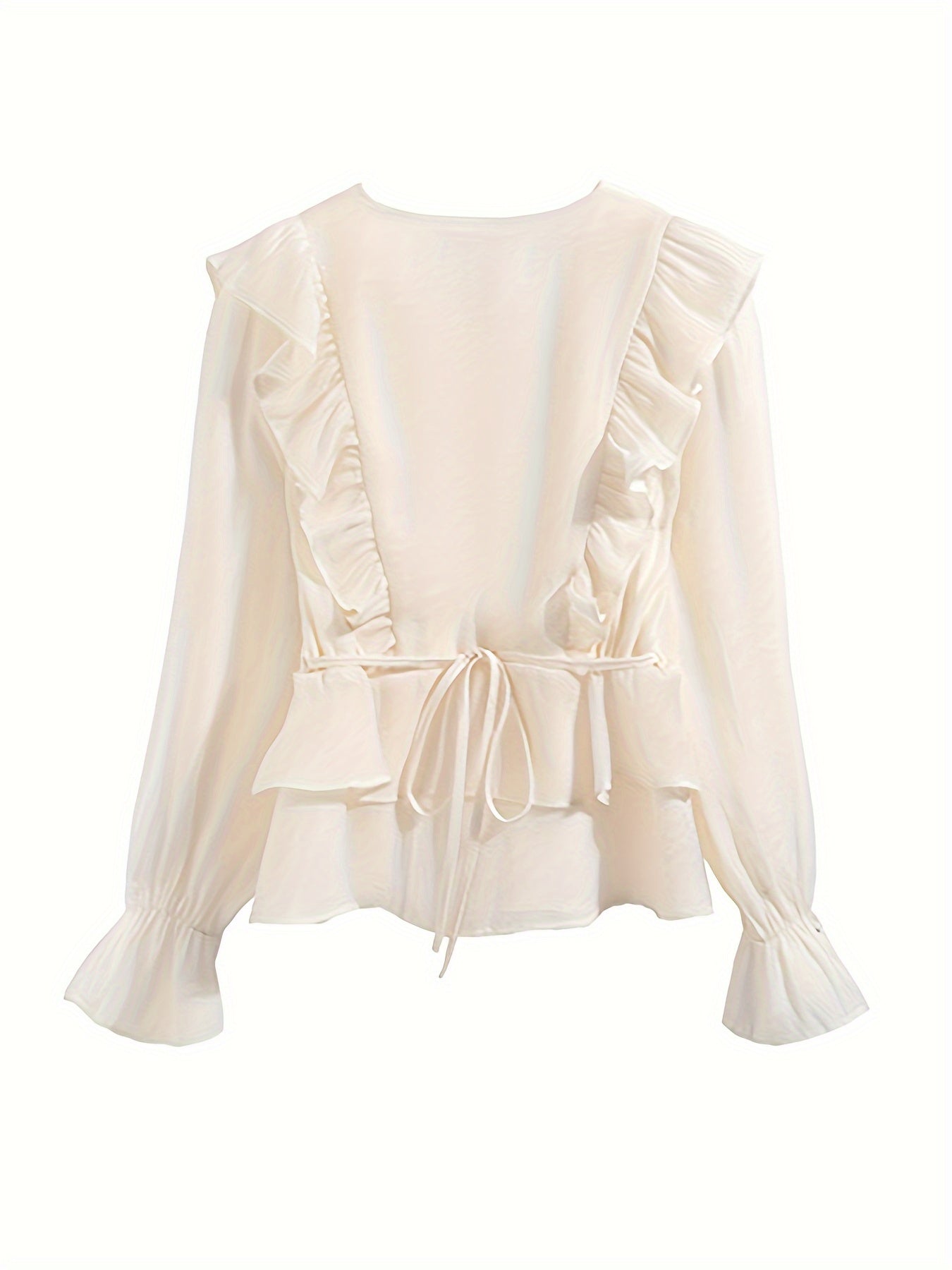 Sixsr Ruffle Trim V Neck Tiered Blouse, Chic Lantern Sleeve Tied Blouse For Spring & Fall, Women's Clothing