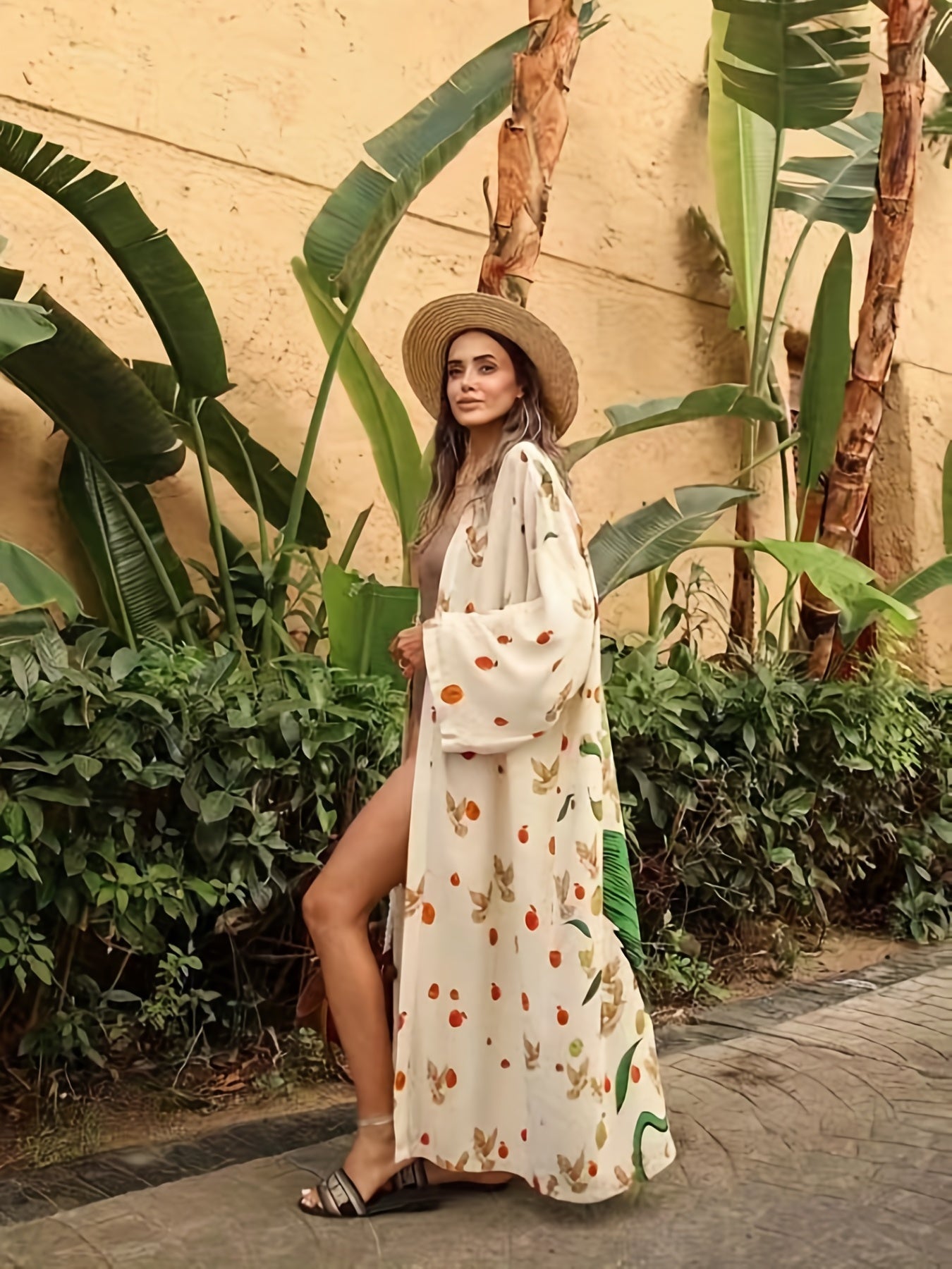 Plus Size Casual Cover Up, Women's Plus Graphic Print Long Sleeve Cover Up Robe