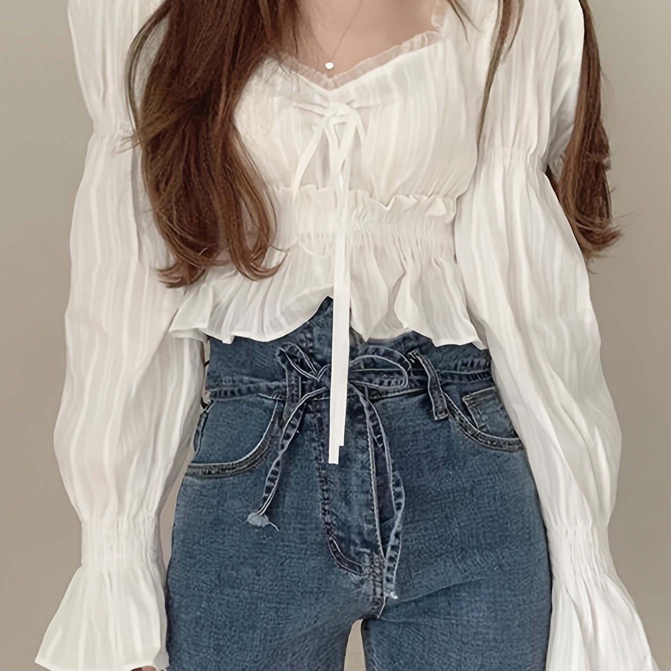 Sixsr Ruffle Trim Queen Anne Neck Blouse, Chic Puff Sleeve Cinched Waist Crop Blouse For Spring & Fall, Women's Clothing