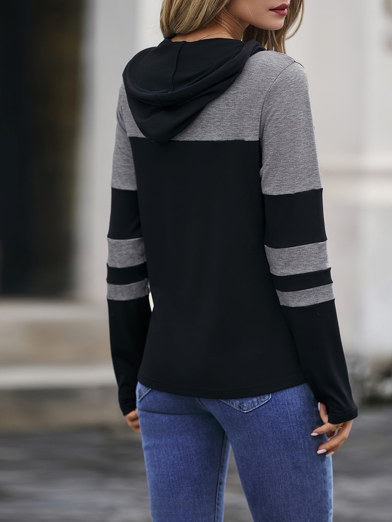 Sixsr Colorblock Striped Hoodie, Casual Drawstring Long Sleeve Top For Spring & Fall, Women's Clothing