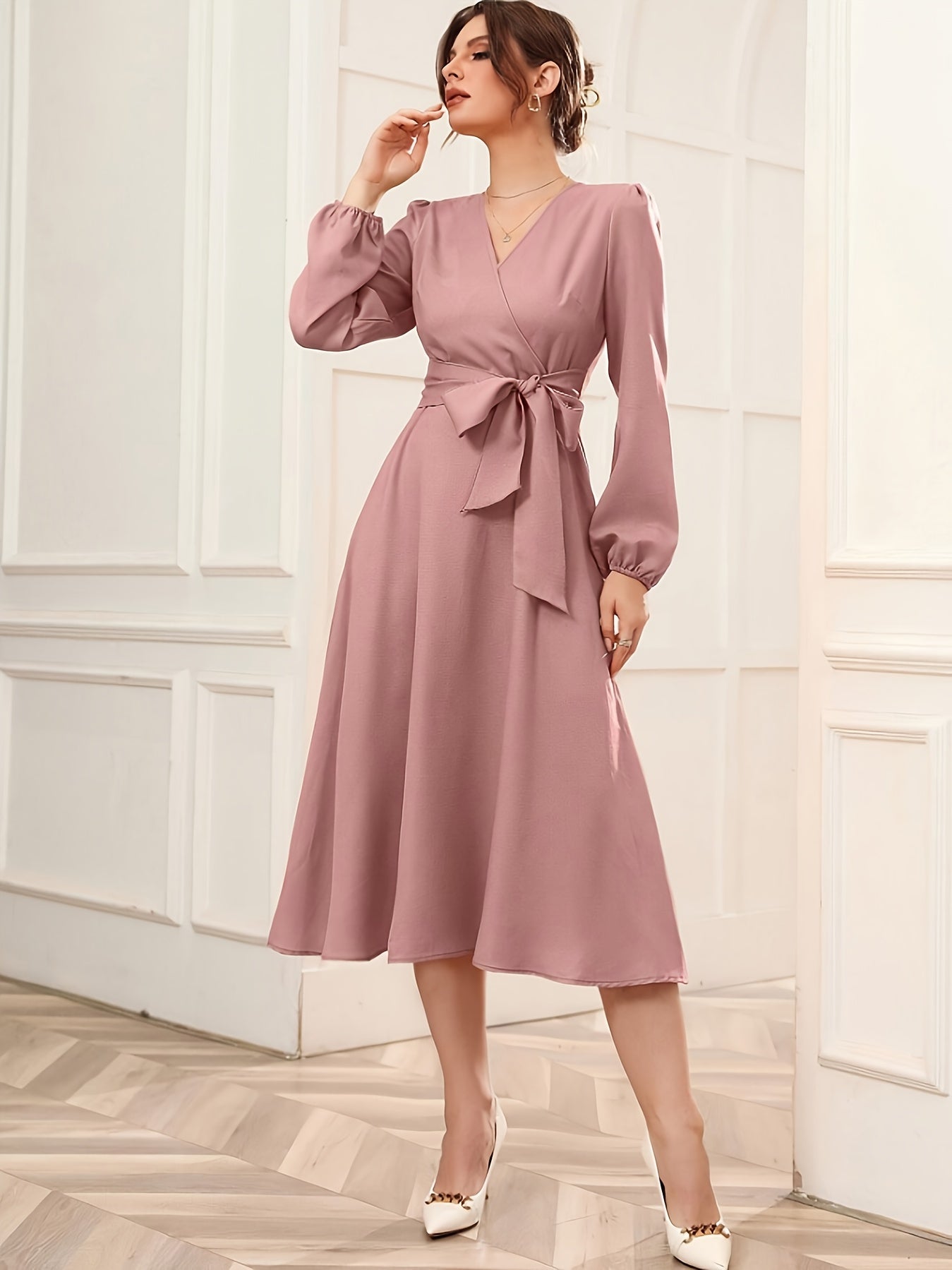 Sixsr Solid Surplice Neck Dress, Elegant Long Sleeve Belted Dress, Women's Clothing